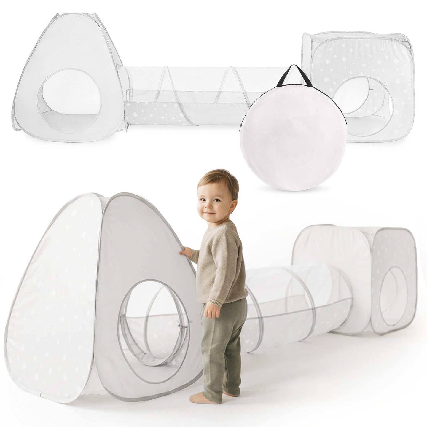 Mamabrum Spieltunnel Mamabrum 3in1 Spielzelt mit Tunnel und Würfel Grau Weiß