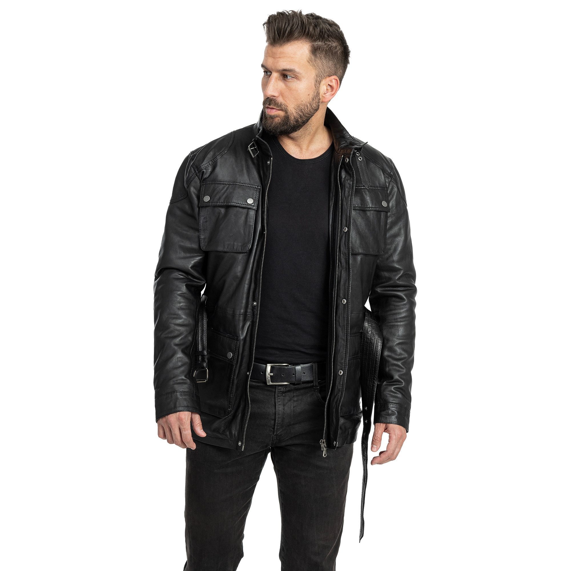 Mouflon Lederjacke Leon "Mit Gürtel – betont die Taille."