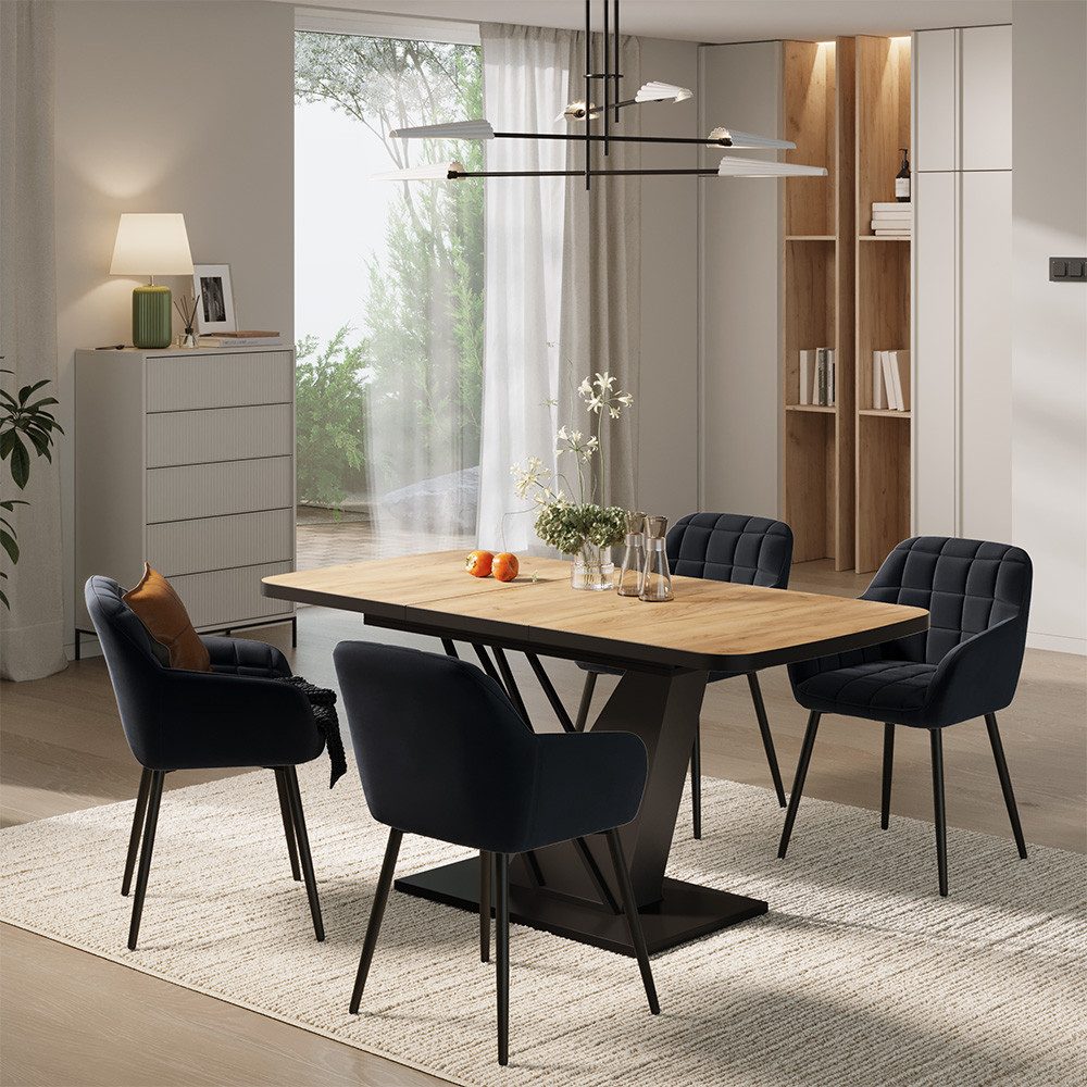 Vicco Essgruppe Fenaro, Goldkraft Eiche/Schwarz, 120 x 80 cm mit 4 Esszimmerstühlen, (6-tlg)
