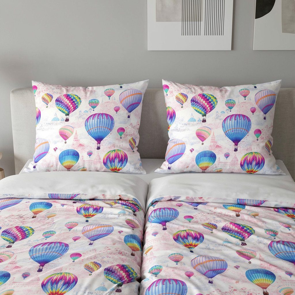 Janine Bettwäsche Mako-Baumwolle, Mako-Satin, 2 teilig, Heißluftballon, Städte, bunt