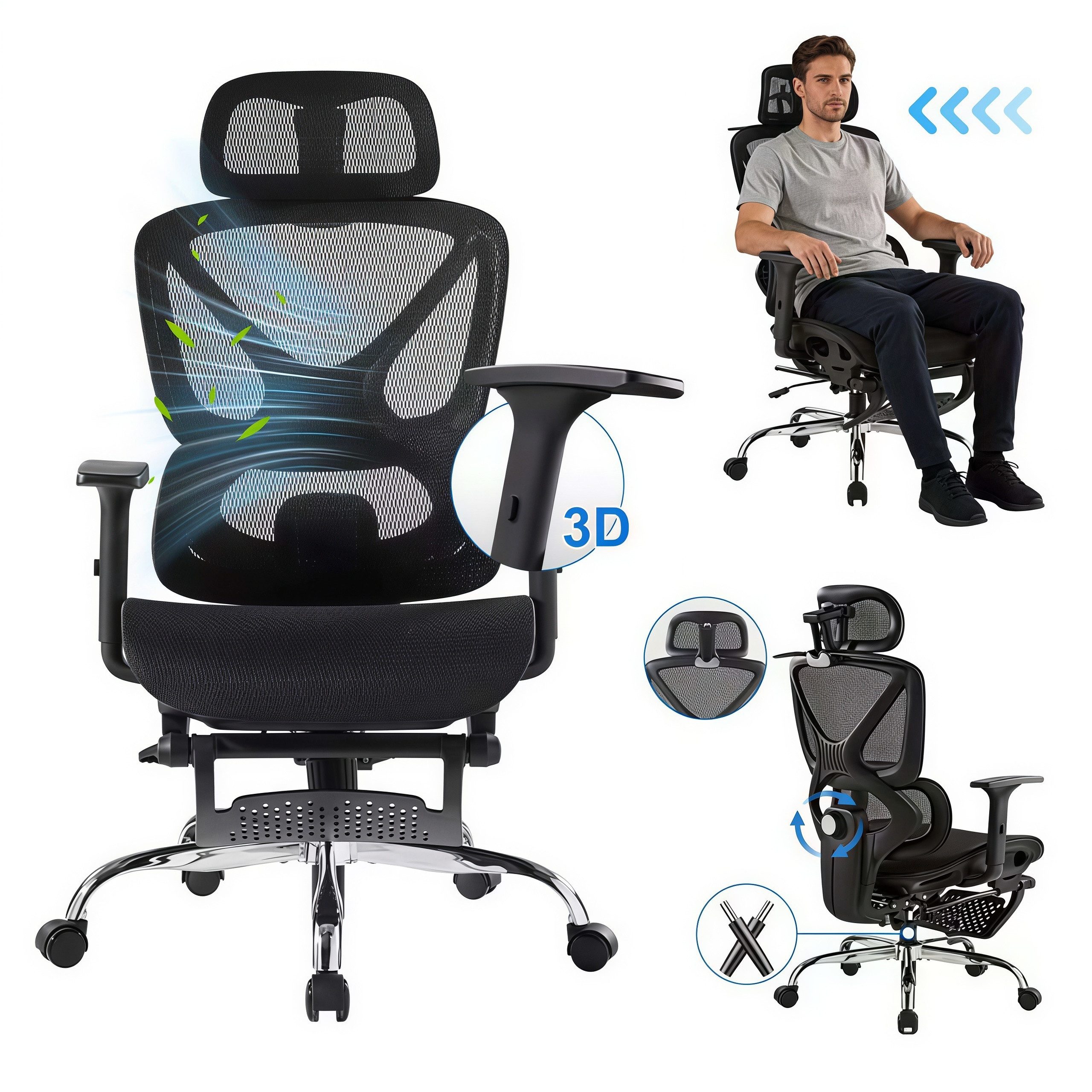 FOXSPORT Bürostuhl, Ergonomischer Premium-Schreibtischstuhl (Computer-Bürostuhl), 3D-Armlehnen, 3D-Kopfstütze, 4D-Lendenstütze, Rückenlehne (90°–135)