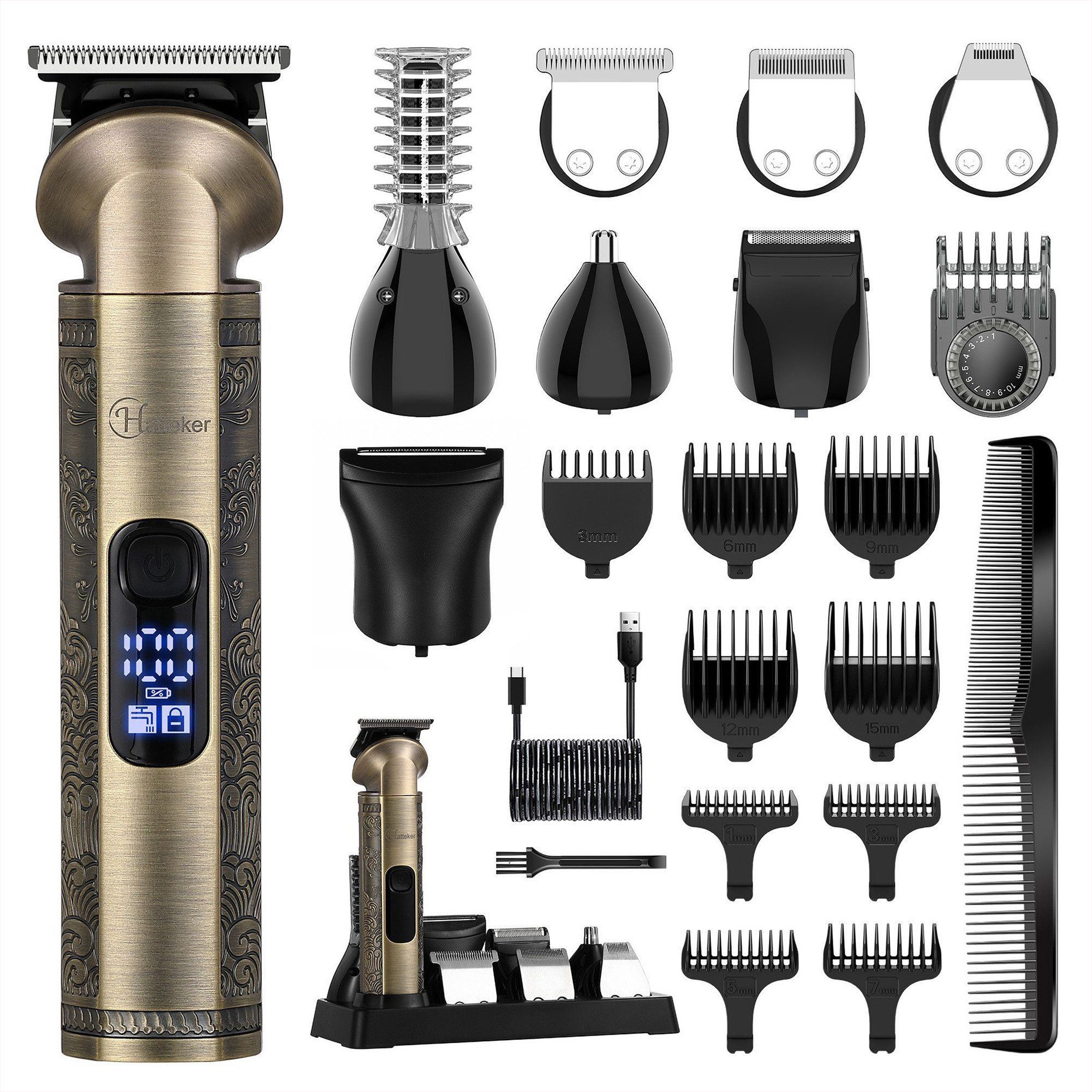 HATTEKER Haarschneider HT-609, Bartschneider, Rasierer, T-Klinge Trimmer, mit Ultra Sharp Klinge 8-in-1