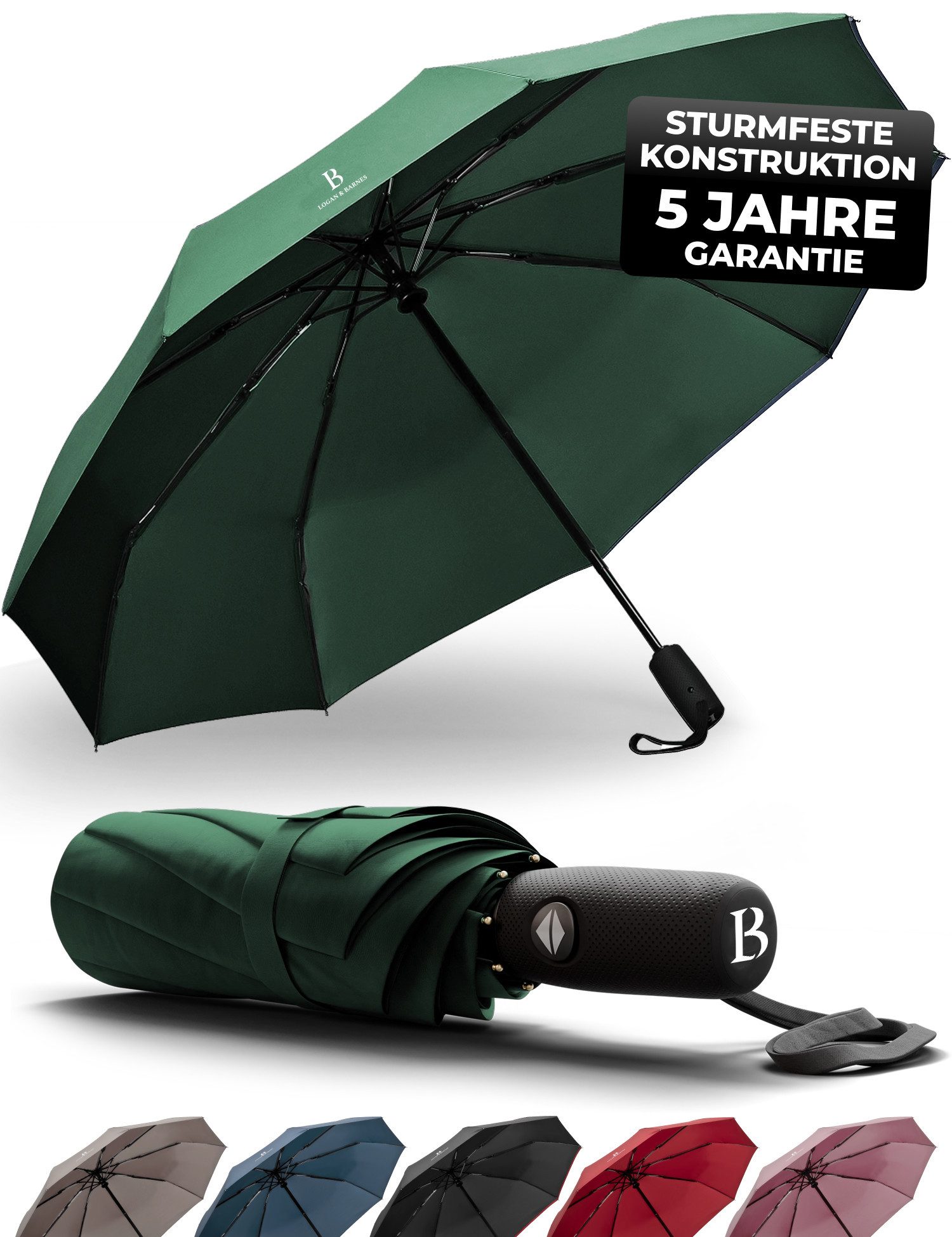 Logan & Barnes Taschenregenschirm Boston, Sturmfest bis 140 km/h