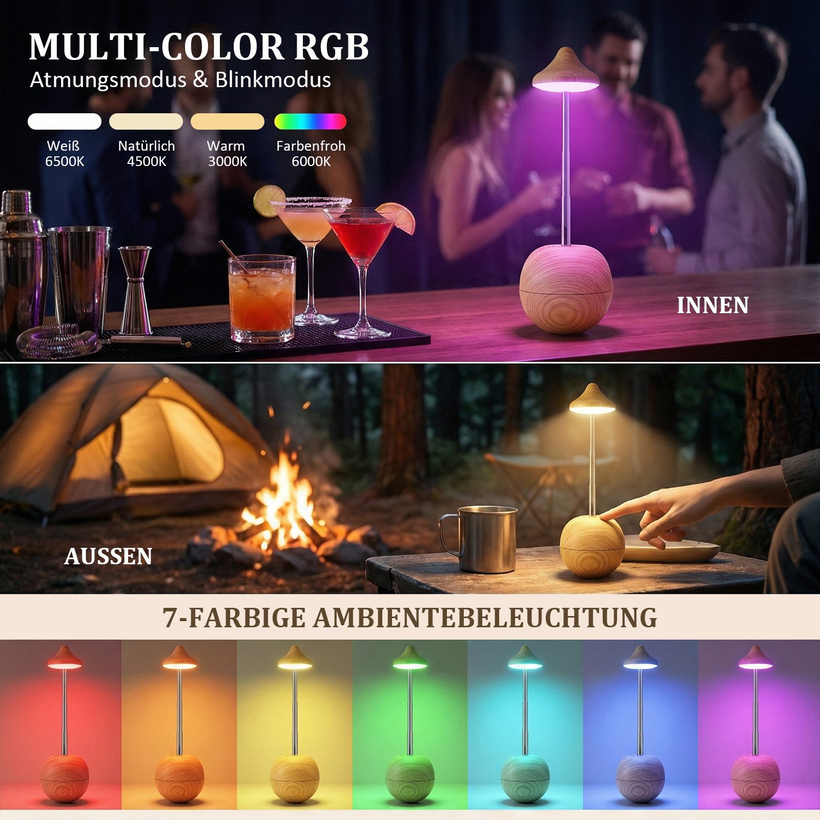 Lapalife Nachttischlampe Tumbler Tischlampe Dimmbar Akku Aufladbar 3 Farbtemperaturen, Nachttischlampe Touch Kabellos für Schlafzimmer Wohnzimmer