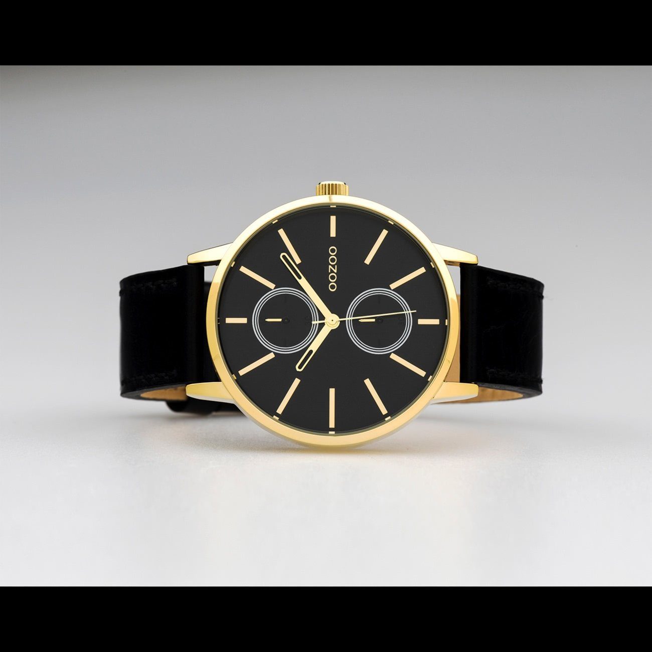 42mm) Oozoo (ca. Herrenuhr rund, Quarzuhr Analog, Lederarmband, Herren Fashion-Style Armbanduhr schwarz groß OOZOO