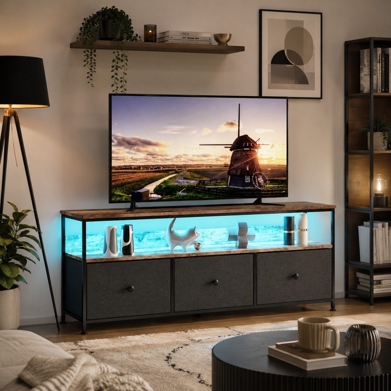 Simurq TV-Schrank Fernsehschrank mit LED-Beleuchtung (1-St., Mit Stoffschublade,Verstellbare LED) Metallrahmen, Robust,Montage einfach