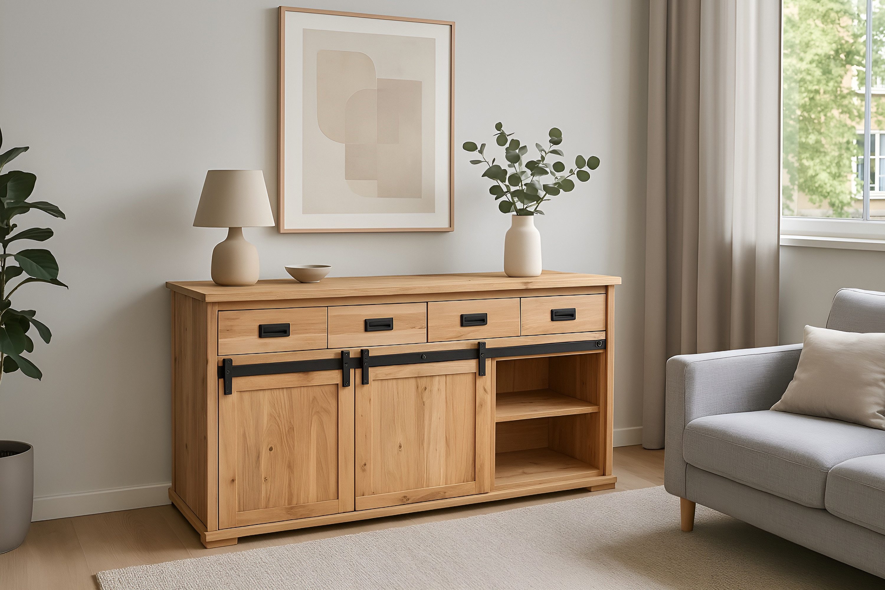 SAM® Sideboard Fritz, Akazienholz, mit Baumkante oder gerader Kante, Industrial-Design