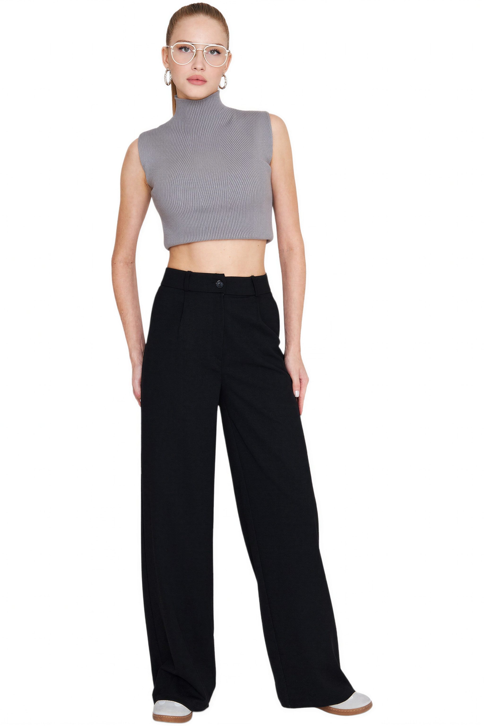 fashionshowcase Palazzohose Damen Stoffhose Marlenehose mit elastischem, hohem Bund