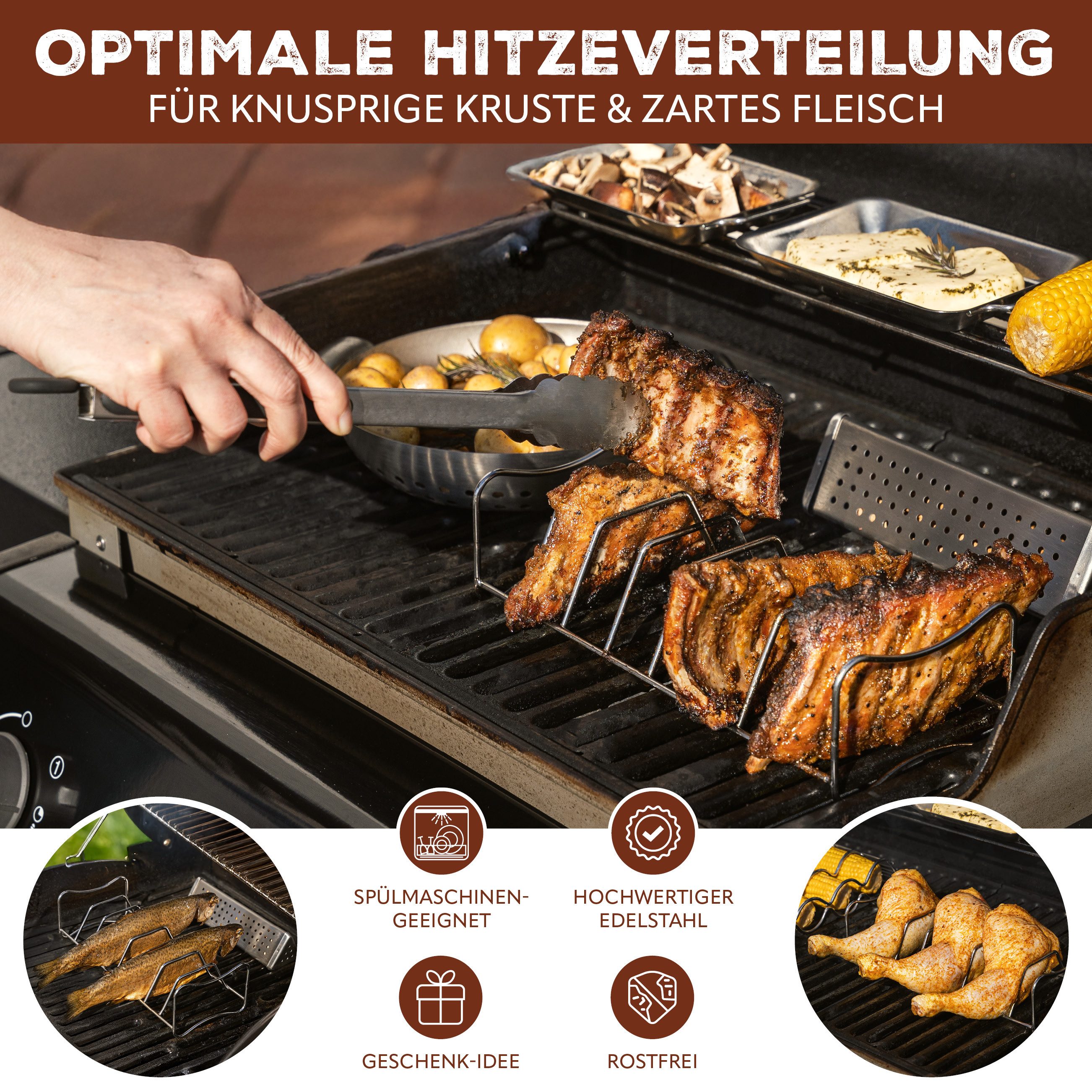 bremermann Sparerib-Halter Spare Ribs- und Bratenhalter, 2in1, aus Edelstahl mit Tragegriffen (1-St), abnehmbare Griffe