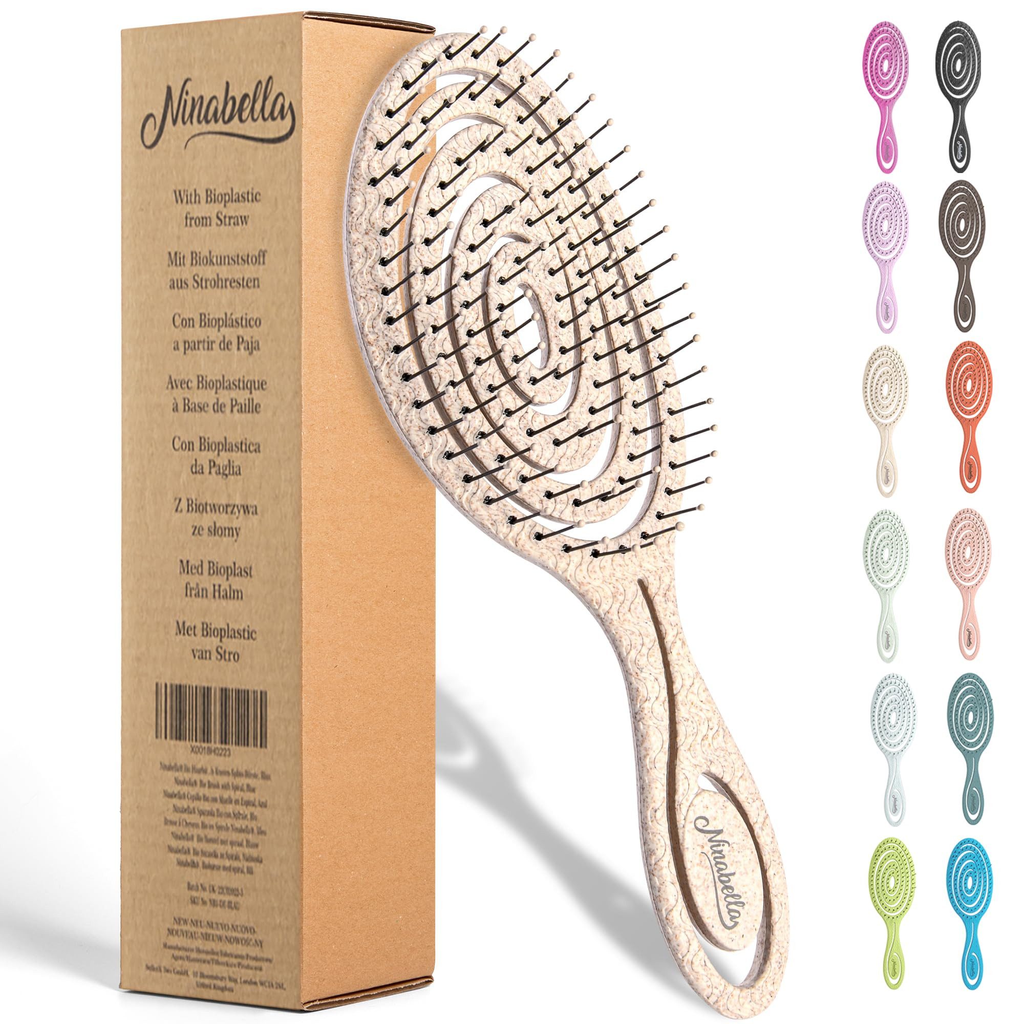Ninabella Haarbürste Profi Detangler-Bürste - Spiralfeder Haarbürsten, 1-tlg., Haarbürste ohne Ziepen für Damen und Herren - Entwirrbürste - Natur