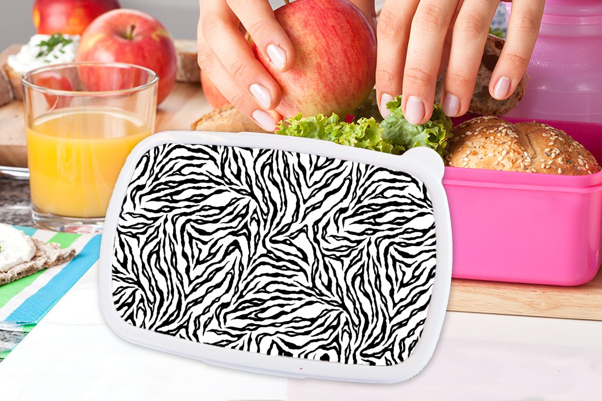 Tigerdruck Snackbox, Kunststoff Kinder, - für Tiere Brotbox - (2-tlg), Brotdose MuchoWow Schwarz - Mädchen, Lunchbox Erwachsene, rosa Weiß - Kunststoff, Muster,