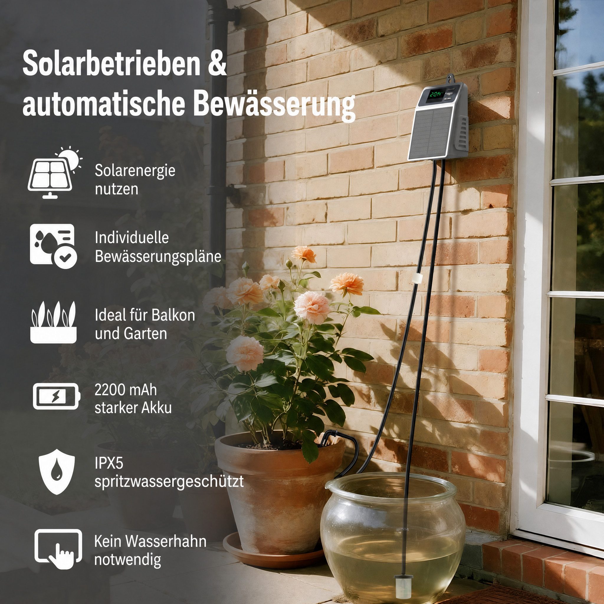 Blossom Bewässerungssystem Solar Bewässerungssystem Tropfbewässerung Set Automatisch, Akku, USB-C, (15 Tropfern, 10 m Schlauch, 30 Bewässerungsmodi), Gartenbewässerung für Balkon, Hochbeet & Gewächshaus