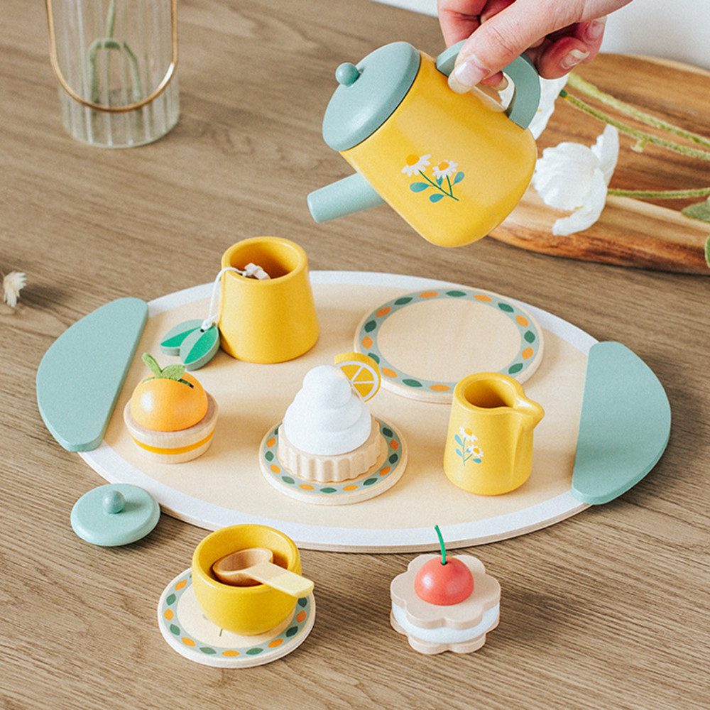 CLTYQ Spielküche Teeservice Kinder aus Holz, Teeparty mit Zuckerwürfeln und Dessert, Kinderküche Zubehör Tee Set für Kinder Mädchen Jungen
