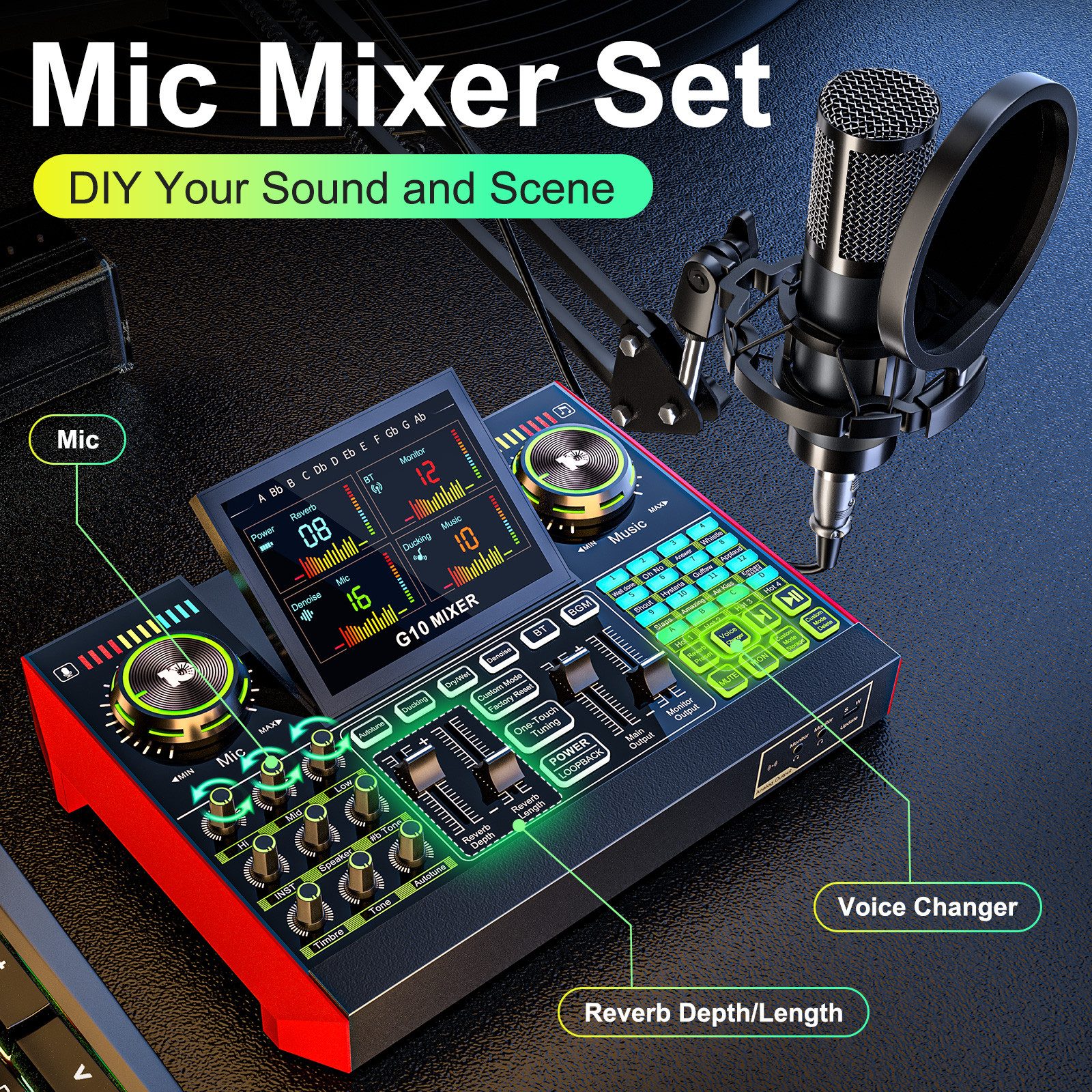 Tenlamp G10-P15B Podcast-Ausrüstungsset mit Audio-Mixer und Soundkarte Soundkarte