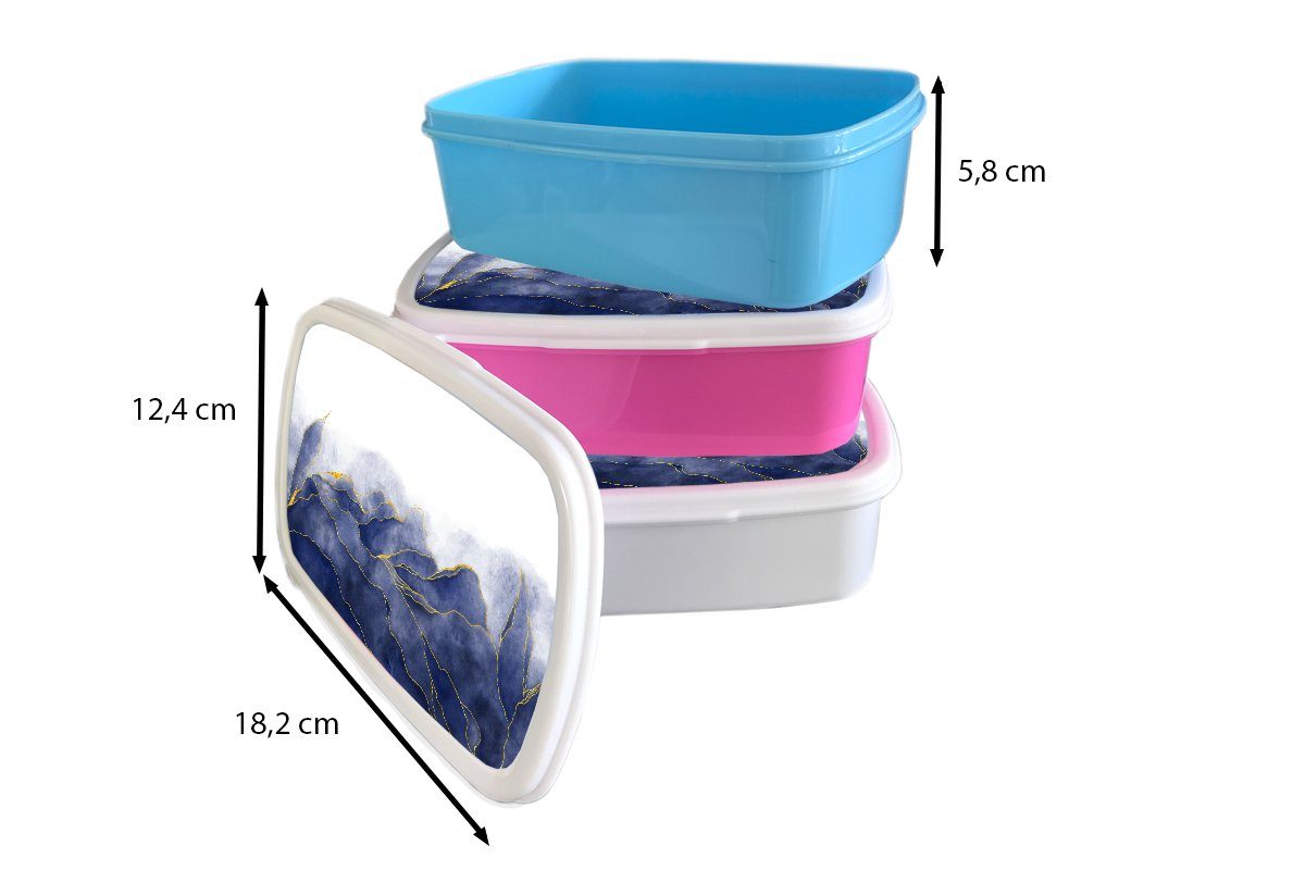 MuchoWow Lunchbox Marmor Marmoroptik für (2-tlg), - - Erwachsene, Mädchen und für Kinder Brotbox - Jungs Kunststoff, Blau - Textur, und weiß Brotdose, Gold