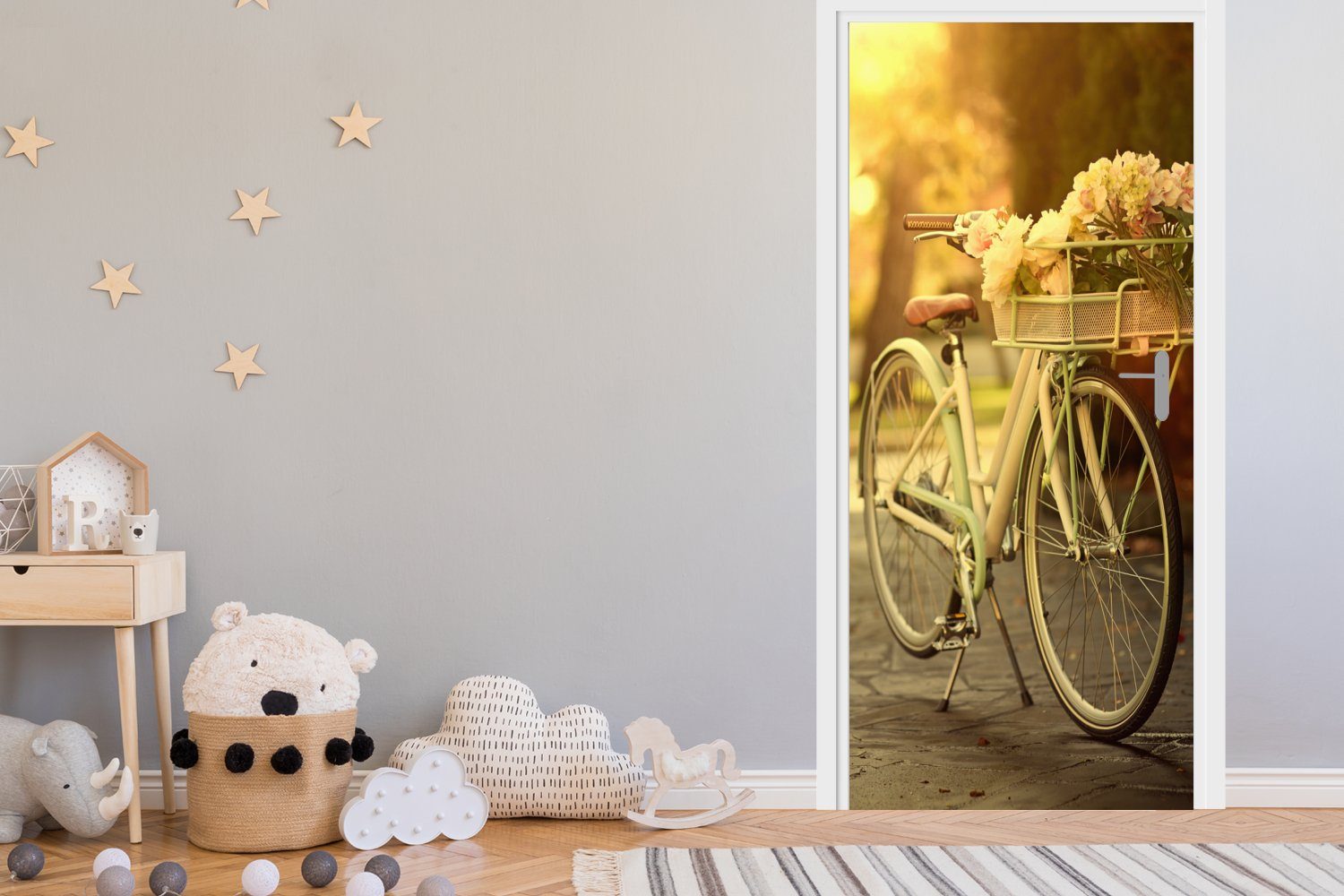 Fototapete Blumen Fahrradkorb, bedruckt, Türaufkleber, Tür, Matt, 75x205 Türtapete St), cm für im (1 MuchoWow
