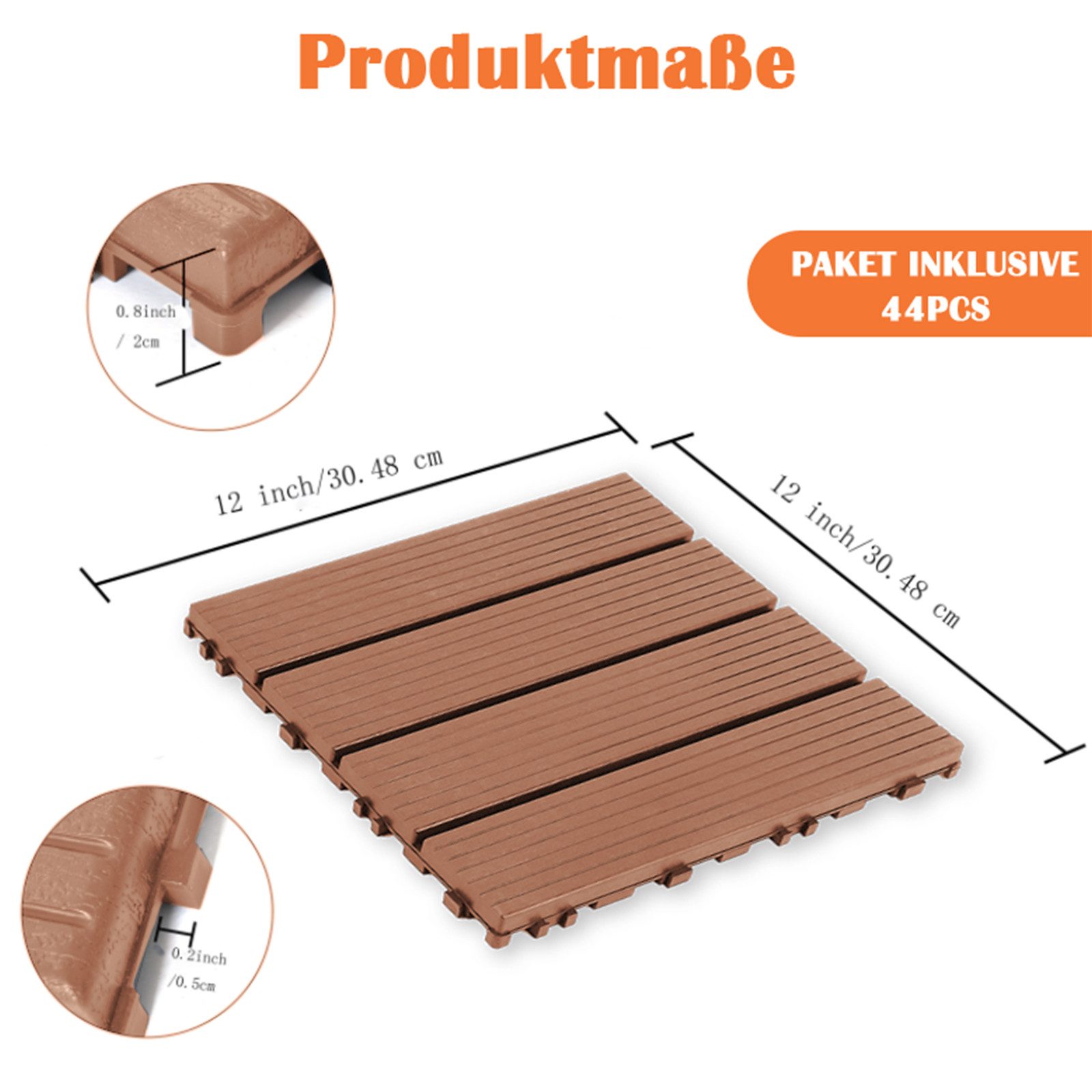 PFCTART Terrassendielen Terrassenfliesen mit Klicksystem 44 Stück, Kunststoff Bodenfliesen, 4,09 m², BxL: je 30.48x30.48 cm, 20 mm Stärke, (Set, 44-St., 30,48×30,48 cm, Für Balkon, Terrasse, Garten, Wege & Innenbereich), Holzoptik, wetterfest, rutschfest & pflegeleicht, einfache