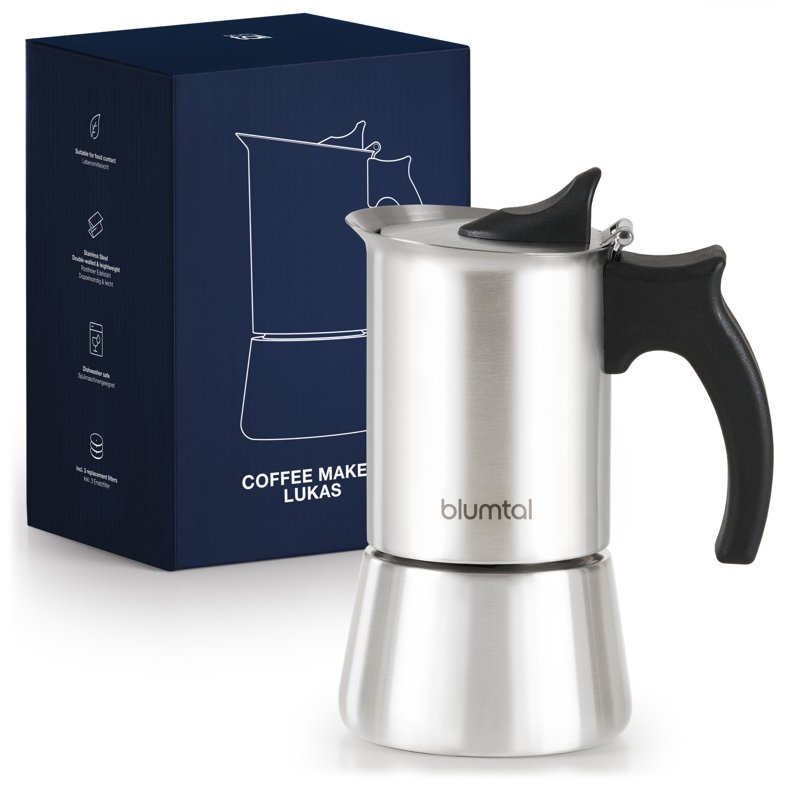 Blumtal Espressokocher Edelstahl - aluminiumfreie Mokkakanne, für alle Herdarten, Camping, mit verstärkter Wand, Ersatzdichtung und Ersatzfilter