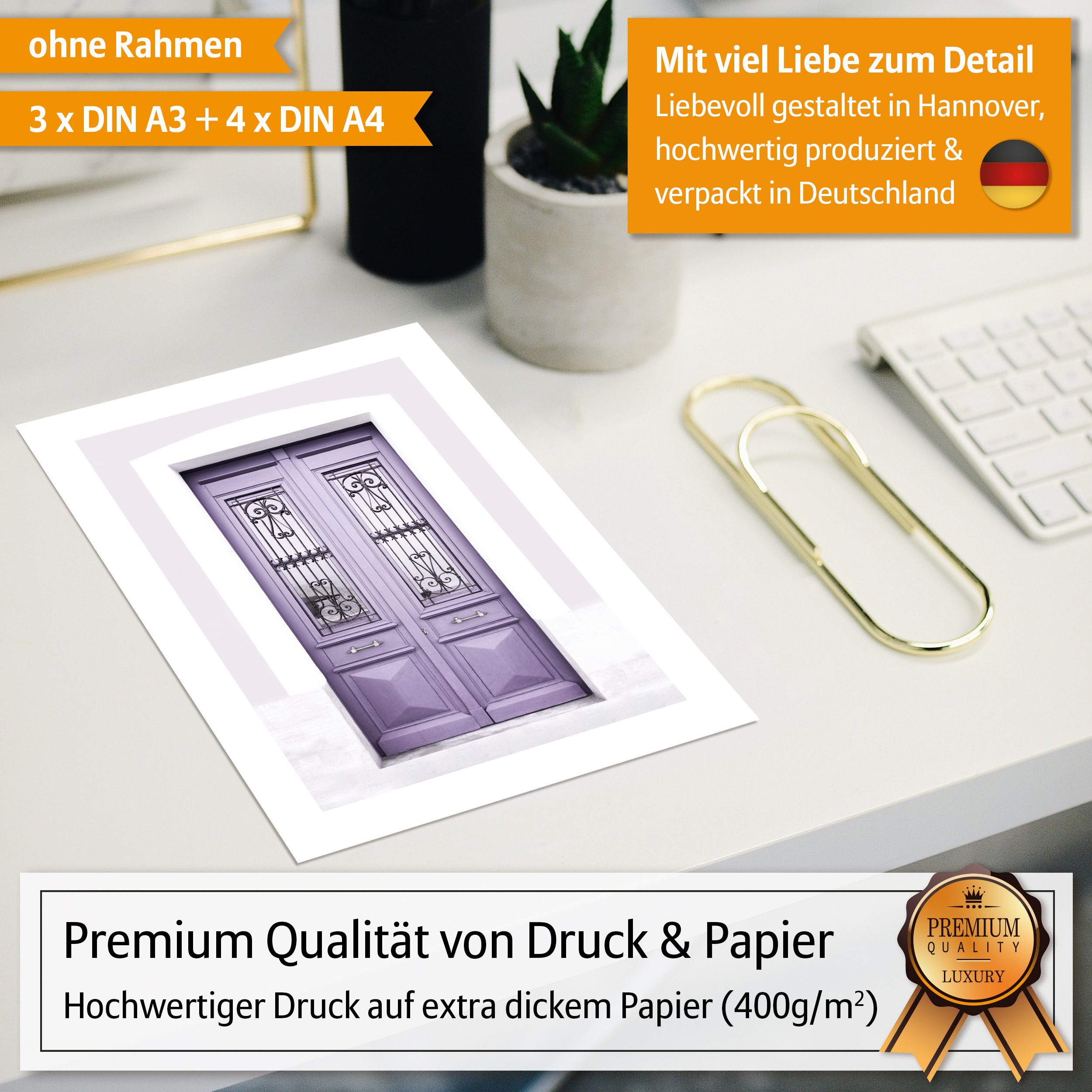 Hyggelig Home Poster Lavendel - Premium Poster Set OHNE & MIT Rahmen - 7 Wandbilder lila, Pflanzen (Set, 7 St), Collage Love, Qualitätsdruck auf dickem Papier