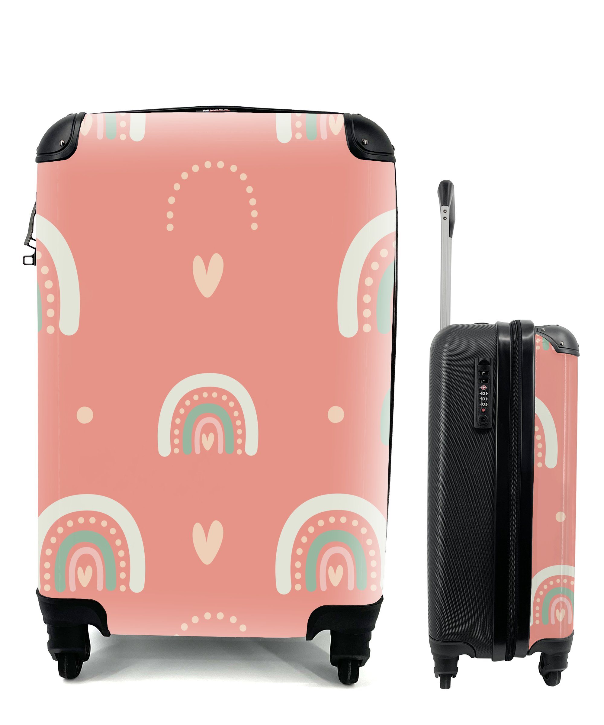 Reisekoffer Ferien, - mit MuchoWow Handgepäck Reisetasche Muster Mädchen - Handgepäckkoffer Herzen - für 4 - Kinder - -, Mädchen Trolley, rollen, Regenbogen Rollen, Rosa -