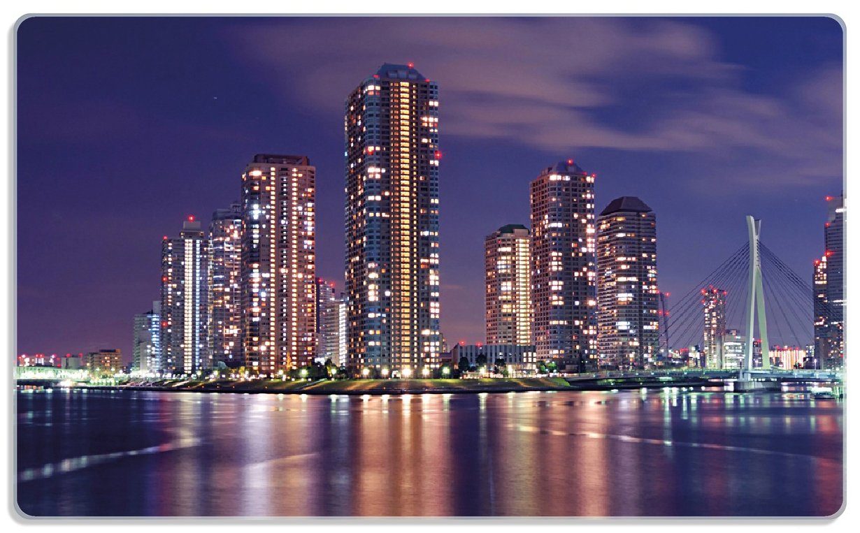 rutschfester 1-St), Skyline bei Gummifüße Nacht, Frühstücksbrett Tokyo- 4mm, (inkl. 14x23cm Wallario ESG-Sicherheitsglas,