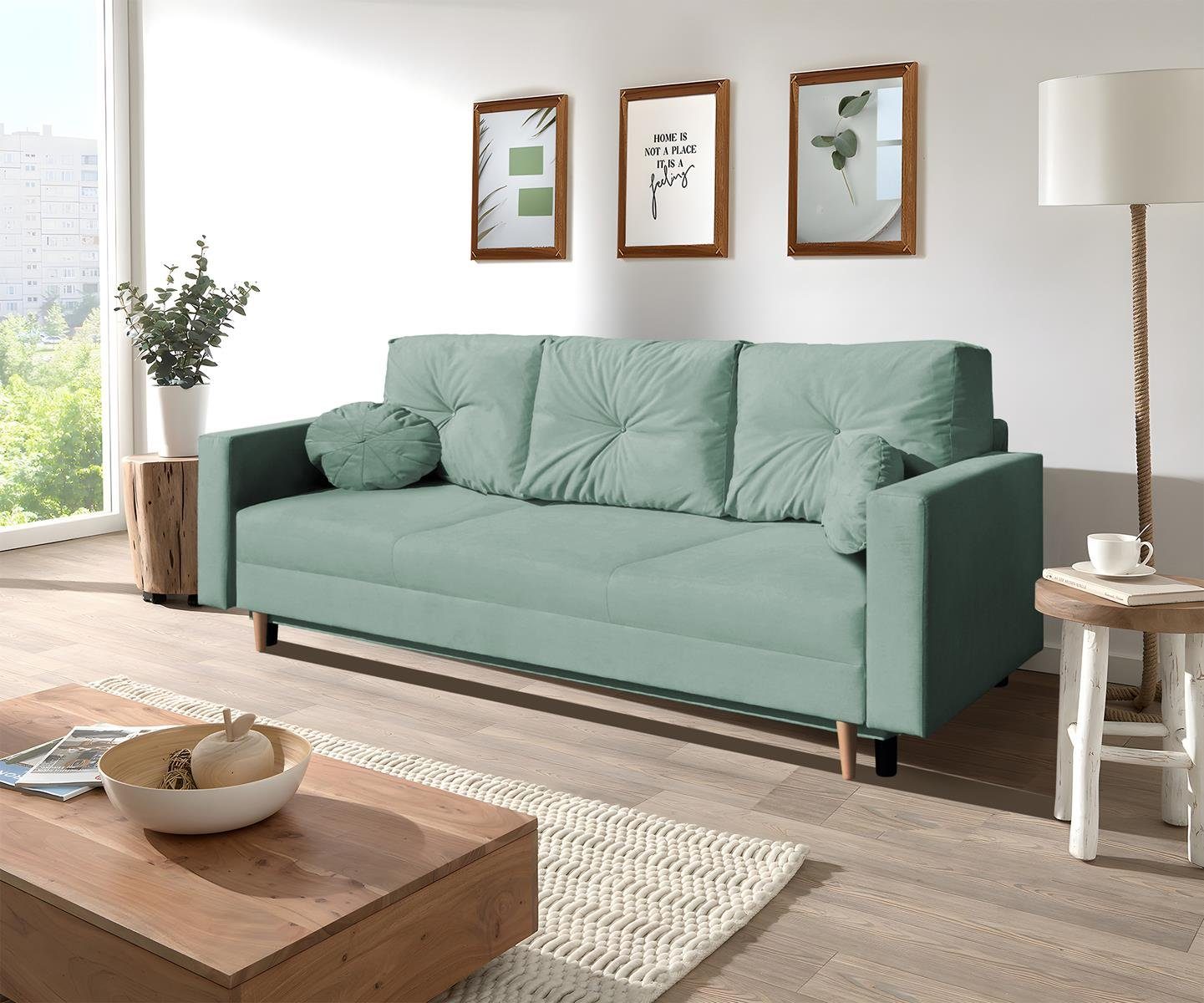 Beautysofa 3-Sitzer MILAN, skandinavisches Design, Wellenunterfederung, Bettkasten, Holzbeine, 3-Sitzer Sofa mit Relaxfunktion Mint (trinity 21)