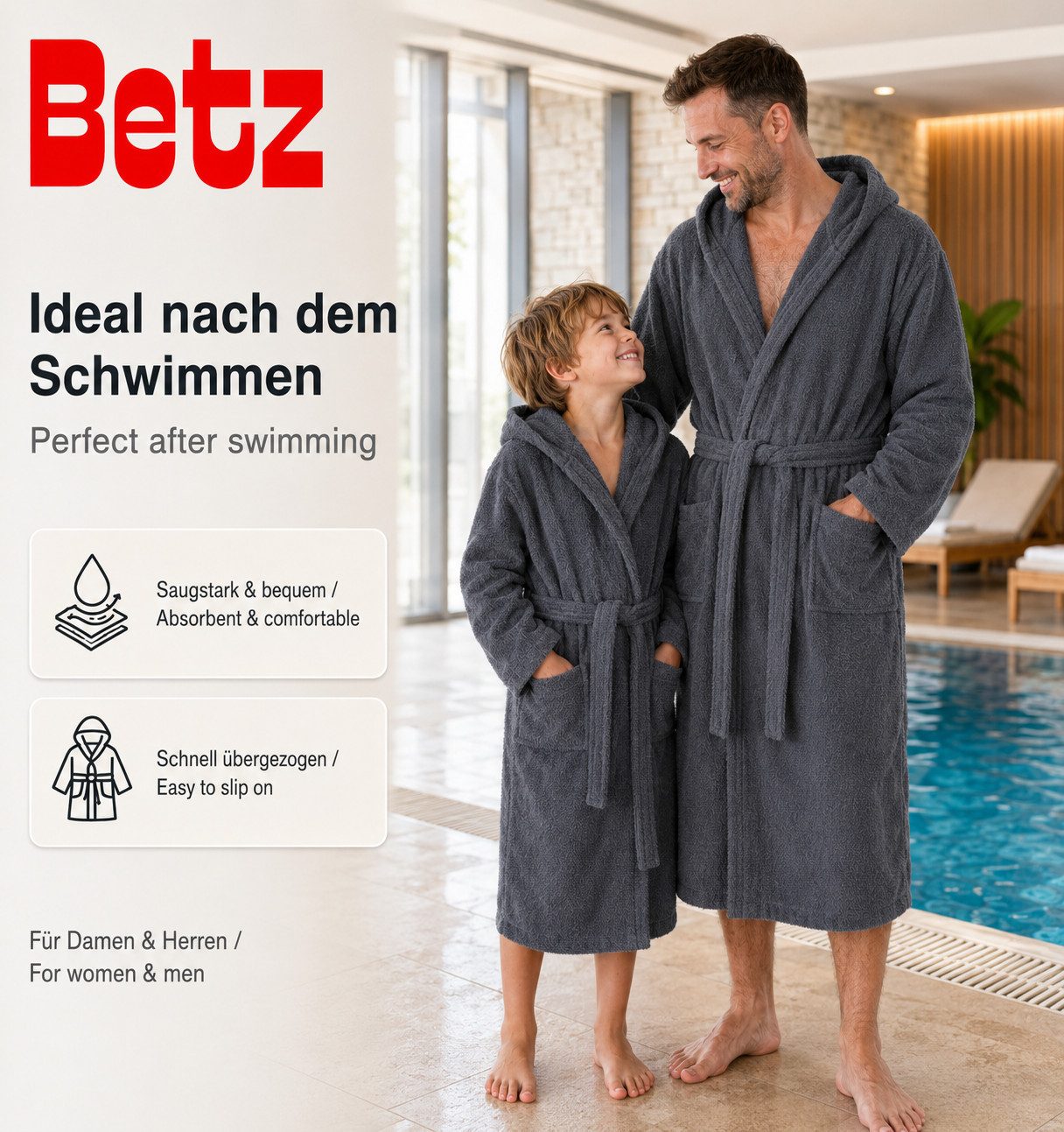 Betz Bademantel Saunamantel mit Kapuze BERLIN für Herren und Damen, Wadenlang, 100% Baumwolle, Kapuze, gürtel