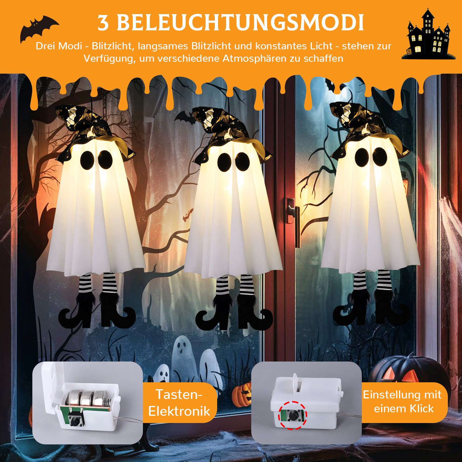 MUPOO Dekohänger Halloween Hängegeister Dekoration,LED-Lichterkette Geister (1 St), Batteriebetrieben,3 Blinkmodi,mit gestreiften Strümpfen,für Halloween