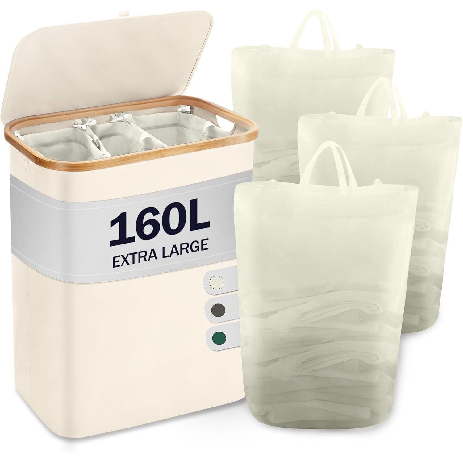 LuxusKollektion Wäschetruhe Wäschekorb Deckel 3 Fächer Wäschesammler Wäschesäcke Bambus 160L Beige