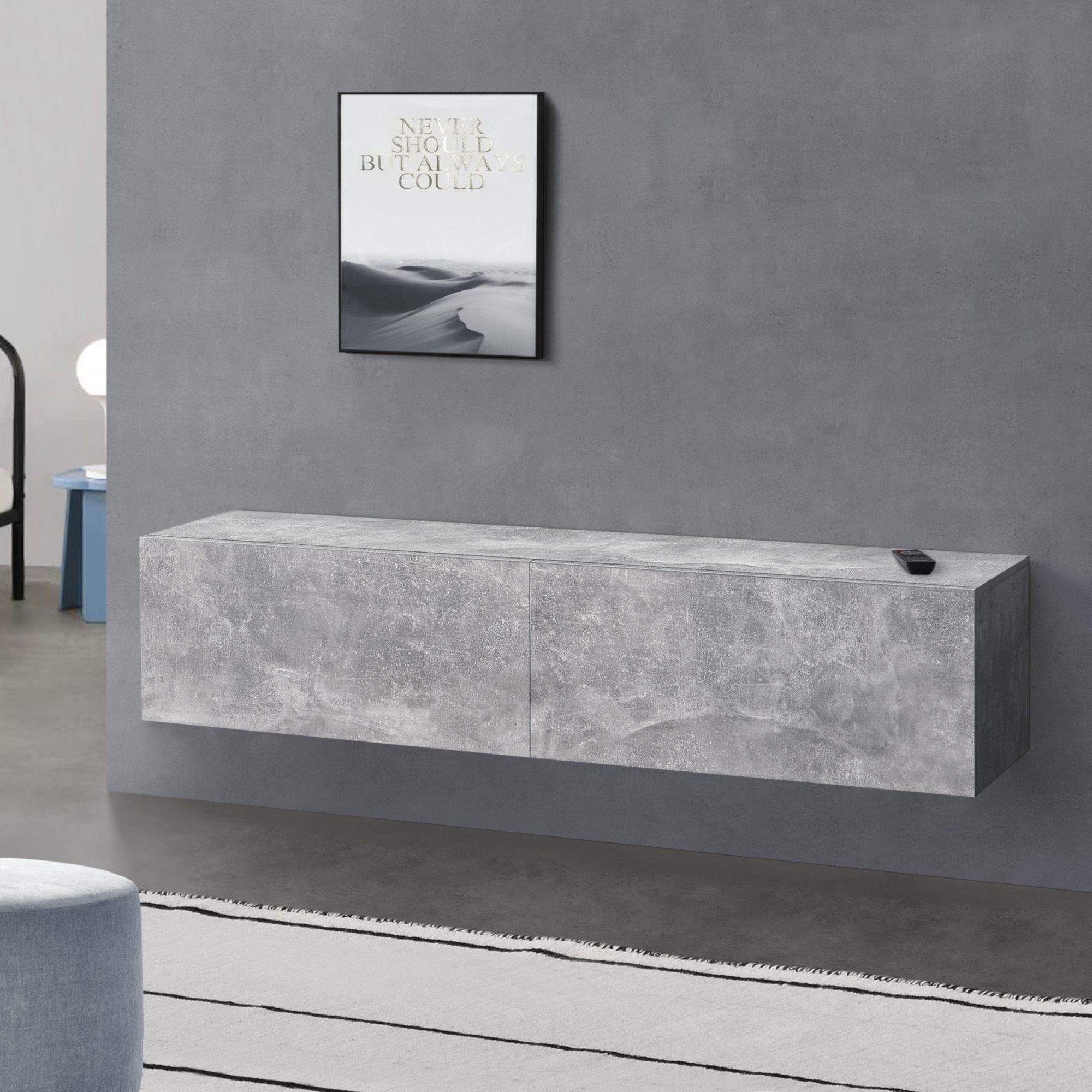 en.casa Hängeschrank »Evaton« TV Lowboard 140cm, 2 Ablagefächer, Betonoptik günstig online kaufen