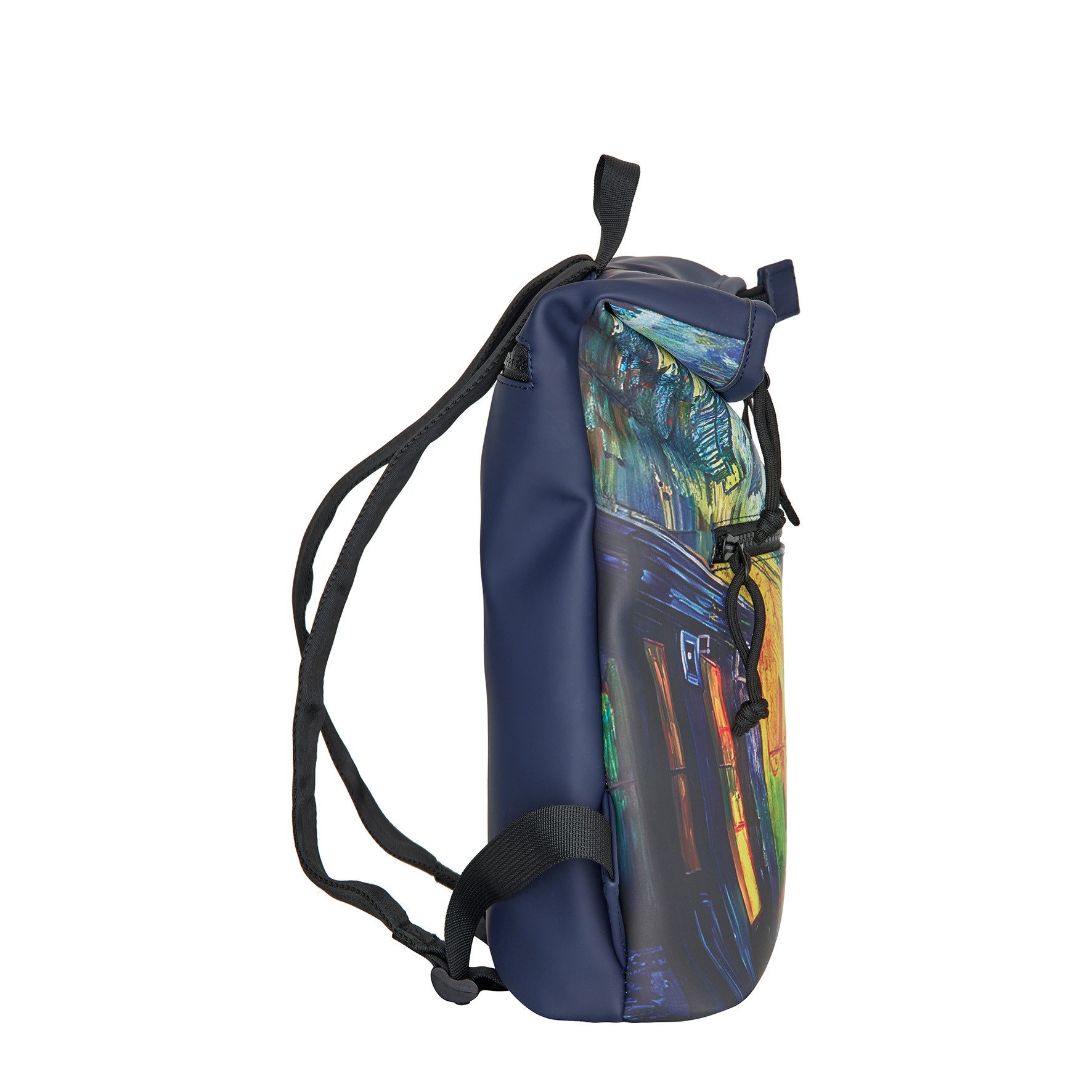 NEW REBELS Cityrucksack kleiner Roll Up RollTop Kurier Rucksack Mart Los Angeles, wasserabweisendes Planenmaterial, Motiv Cafeterrasse nach van Gogh