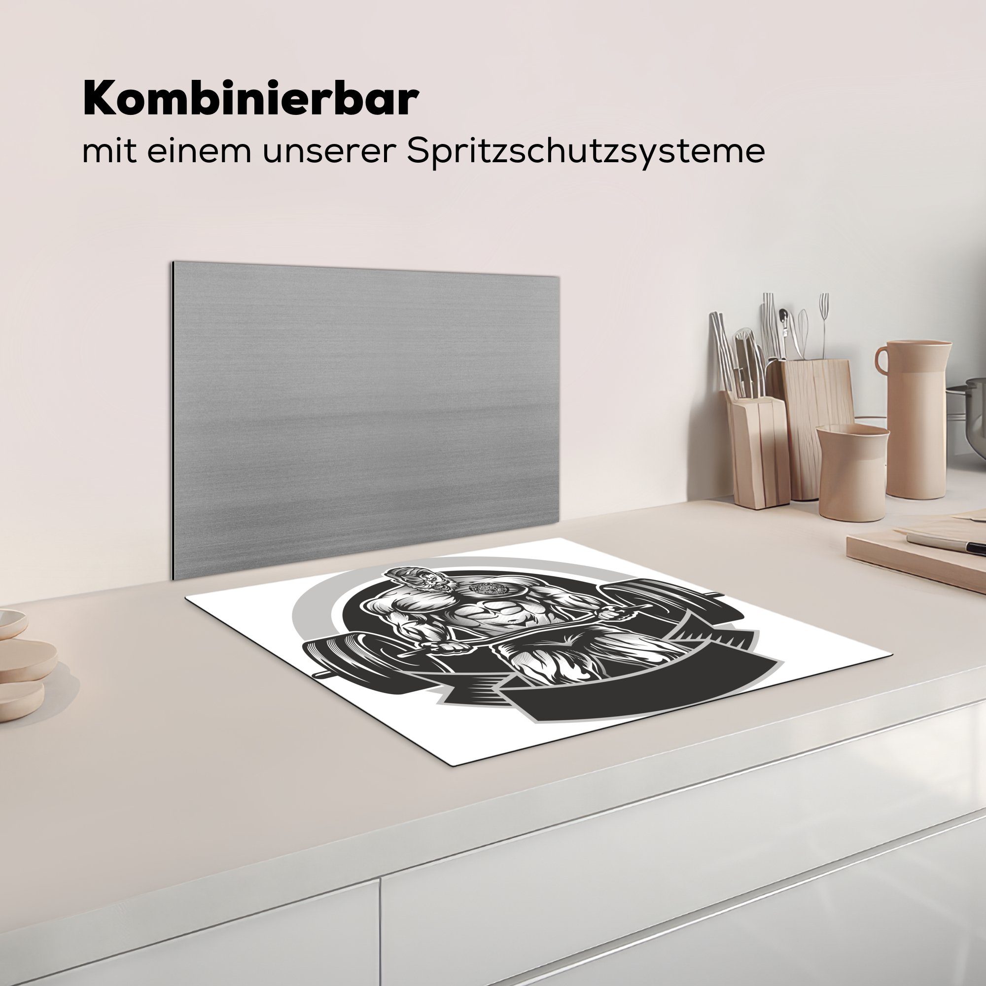 MuchoWow Herdblende-/Abdeckplatte Eine Illustration einer cm, tlg), Vinyl, Induktionskochfeld, eines Induktionsschutz, mit Bodybuilders Ceranfeldabdeckung Hantel, (1 57x51