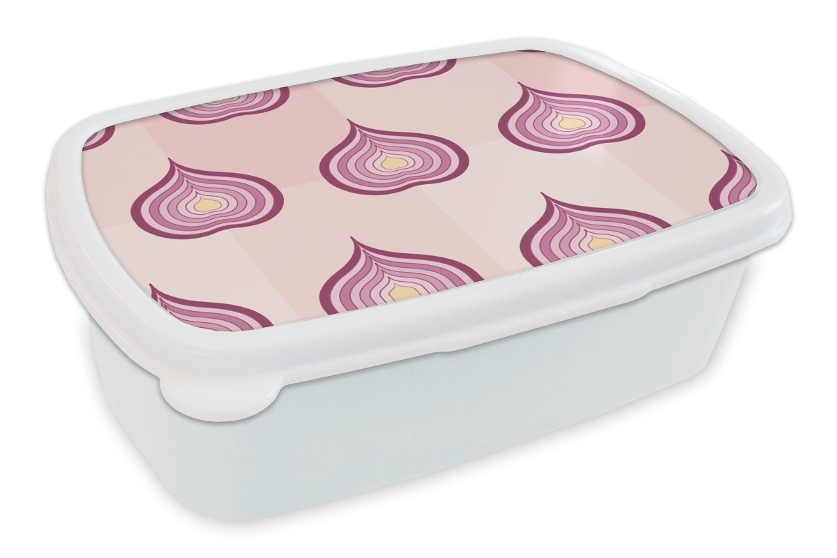 MuchoWow Lunchbox Lila - Muster - Zwiebeln, Kunststoff, (2-tlg), Brotbox für Kinder und Erwachsene, Brotdose, für Jungs und Mädchen weiß