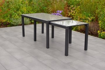 MERXX Garten-Essgruppe Trivero, (Set 11-teilig, Tisch, 10 Klappsessel, Aluminium mit Textilbespannung, Sicherheitsglas), mit Flex Ausziehtisch, welche über zwei Tische verfügt