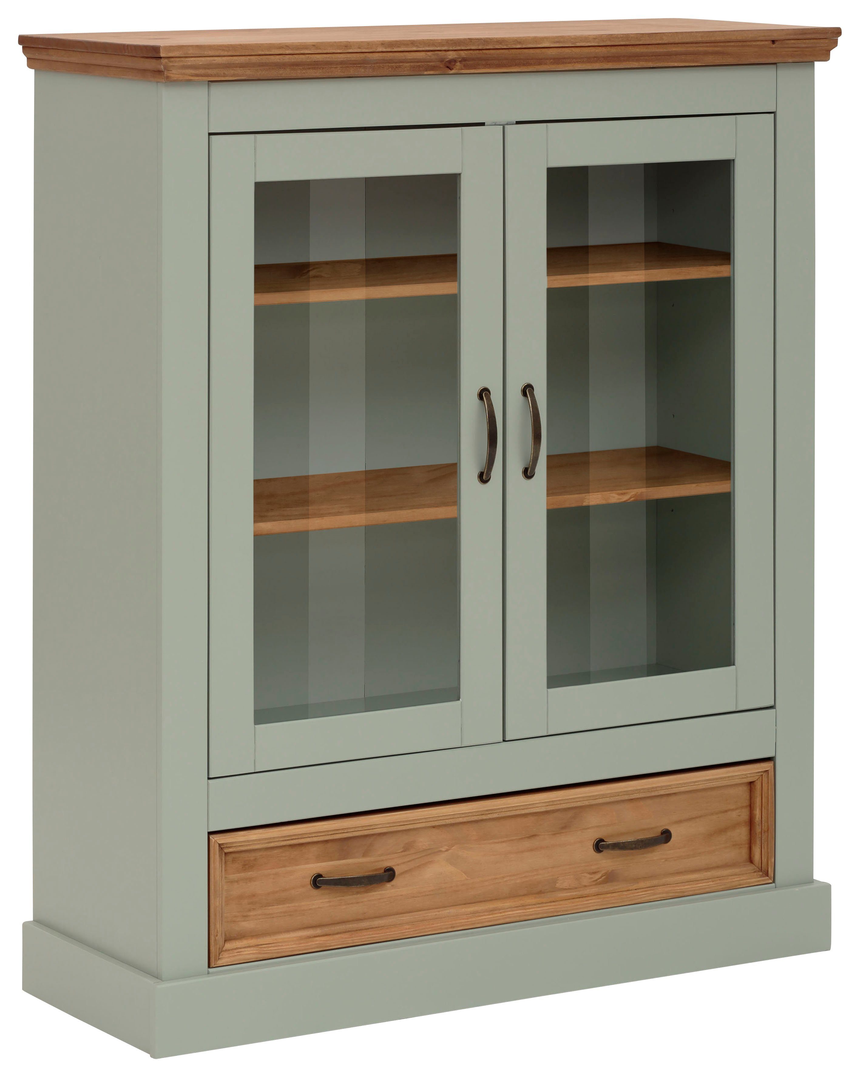 OTTO home Vitrine Selma Highboard aus massivem Kiefernholz, mit Griffen aus antikisiertem Metall
