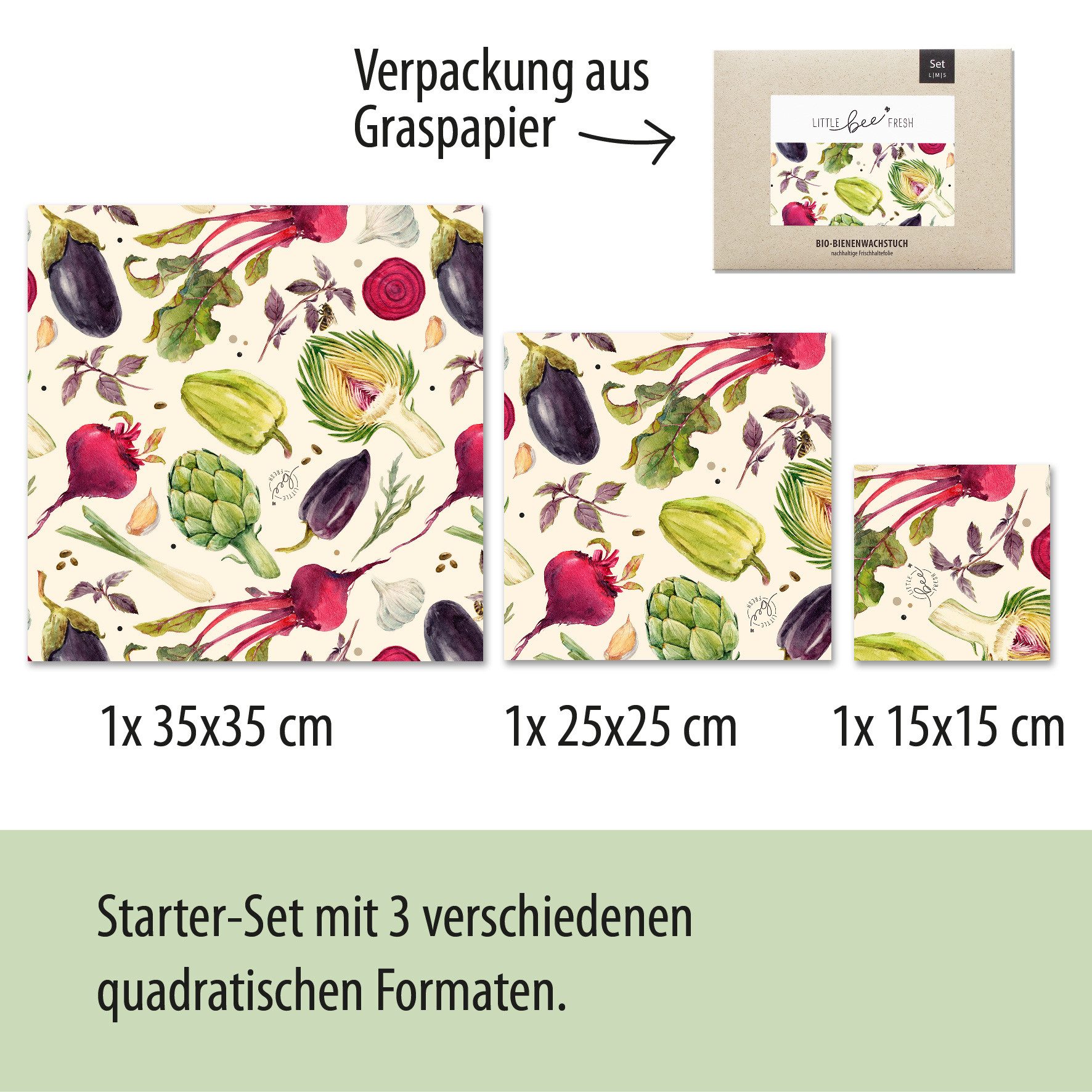 little bee fresh Bienenwachstücher Bio-Bienenwachstücher Starter-Set S/M/L, Set, 3-tlg., wiederverwendbar, plastikfrei, nachhaltig, regional – Bild 4 von 5