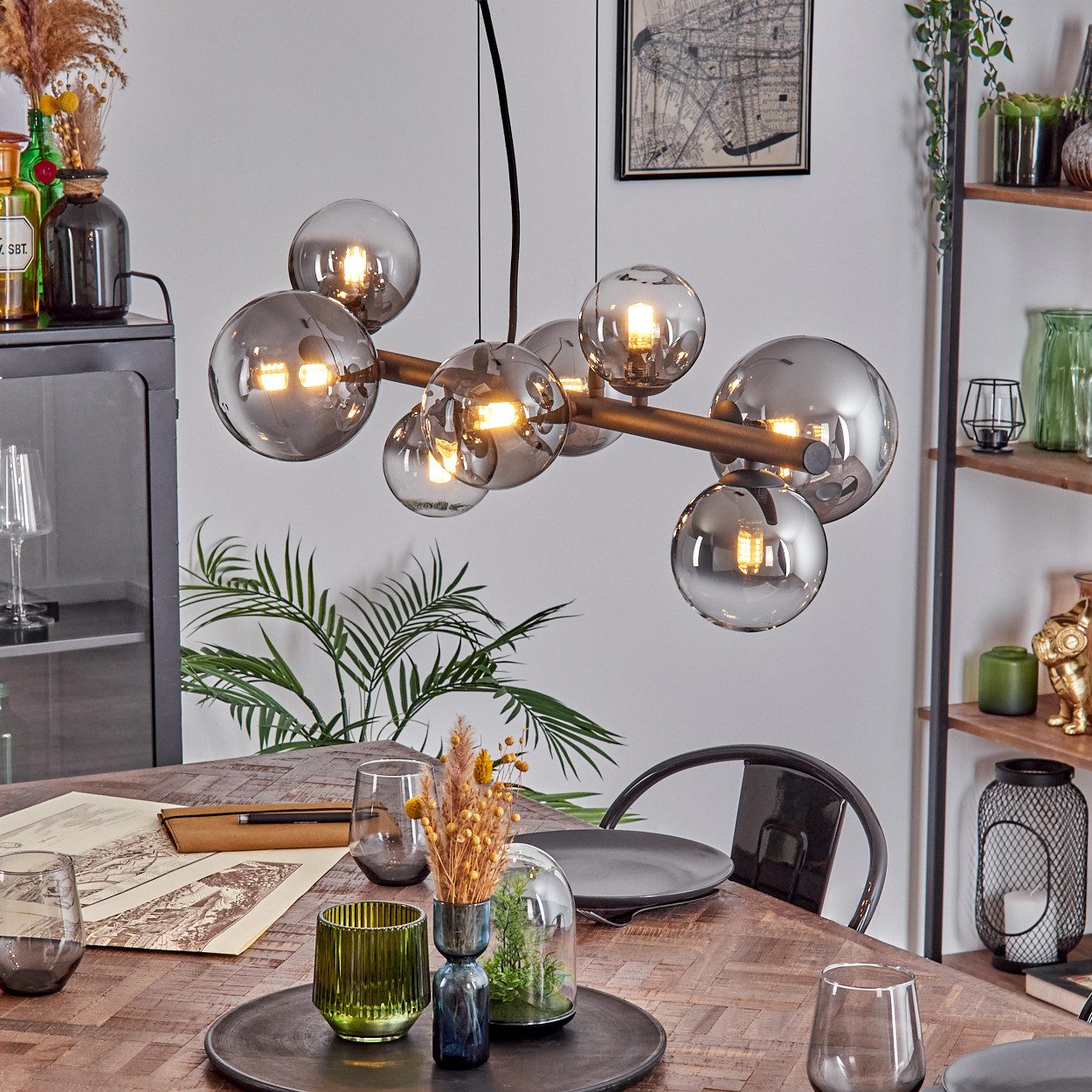 hofstein Pendelleuchte Hängelampe aus Metall/Glas in Schwarz/Rauchfarben/Klar, ohne Leuchtmittel, Hängeleuchte im Retro/Vintage-Design mit Glasschirmen, 8 x G9