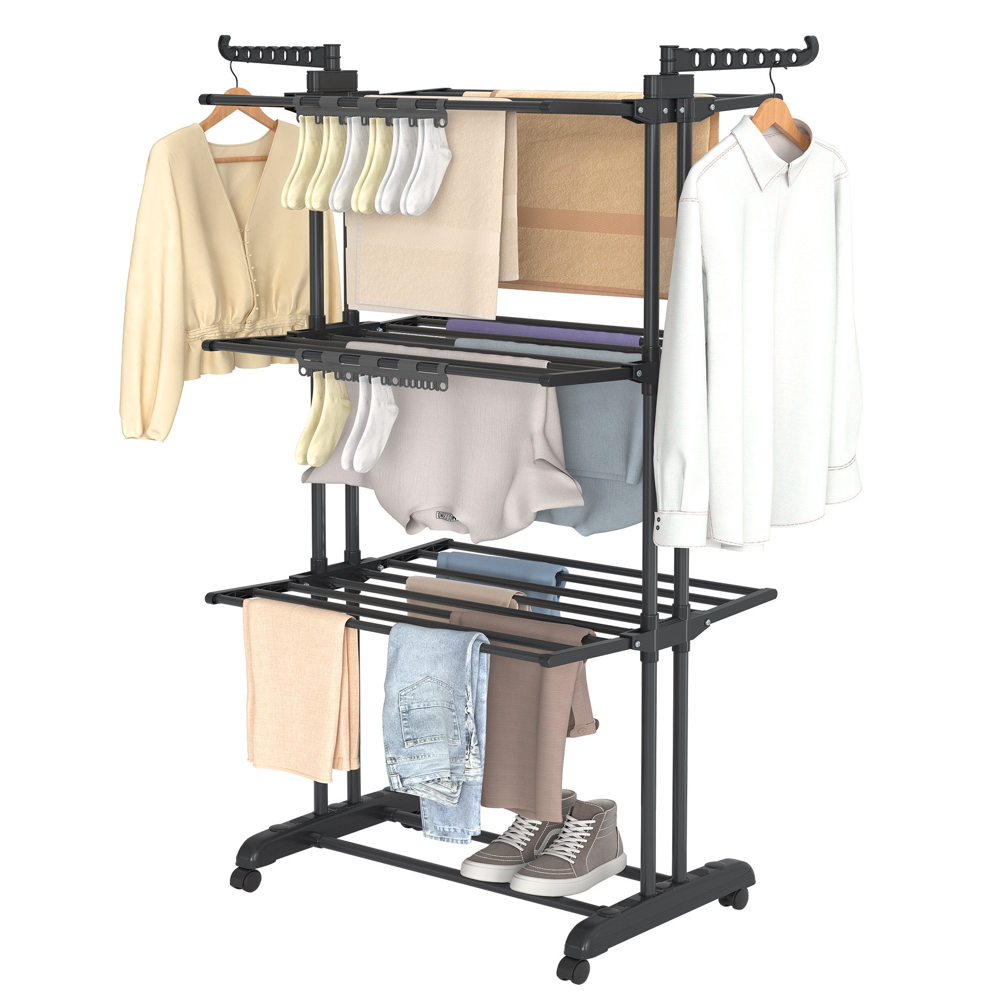 SONGMICS Wäscheständer Turm Standtrockner 4 Ebenen, Flügelwäscheständer, einfacher Aufbau, klappbar, rollbar, Sockenhalter, 63,5 x 128 x 173 cm