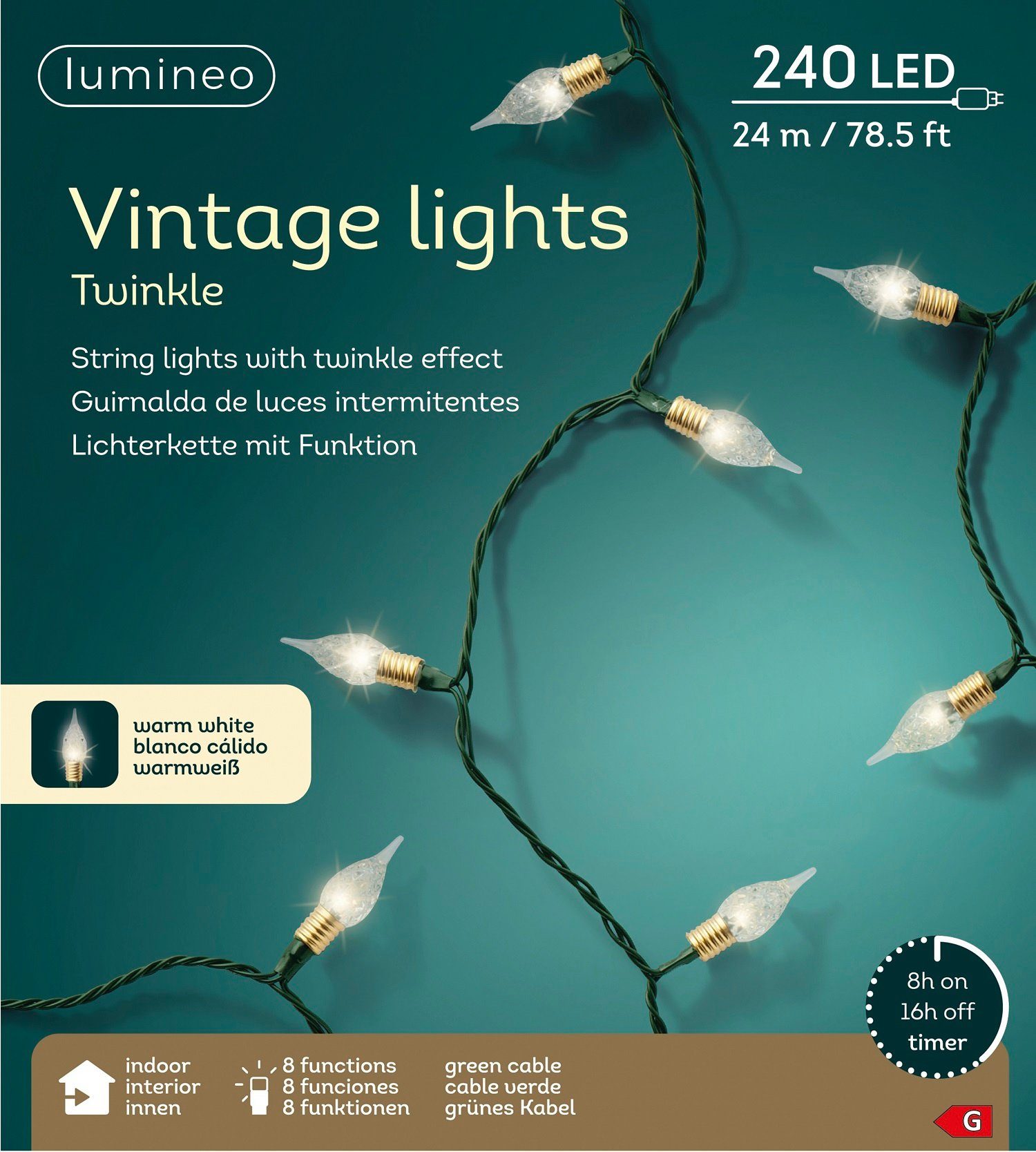Lumineo LED-Lichterkette Lumineo Lichterkette Twinkle 240 LED 23,9 m warm weiß, 8 Funktionen, Twinkle-Effect, Indoor, 8h-Timer