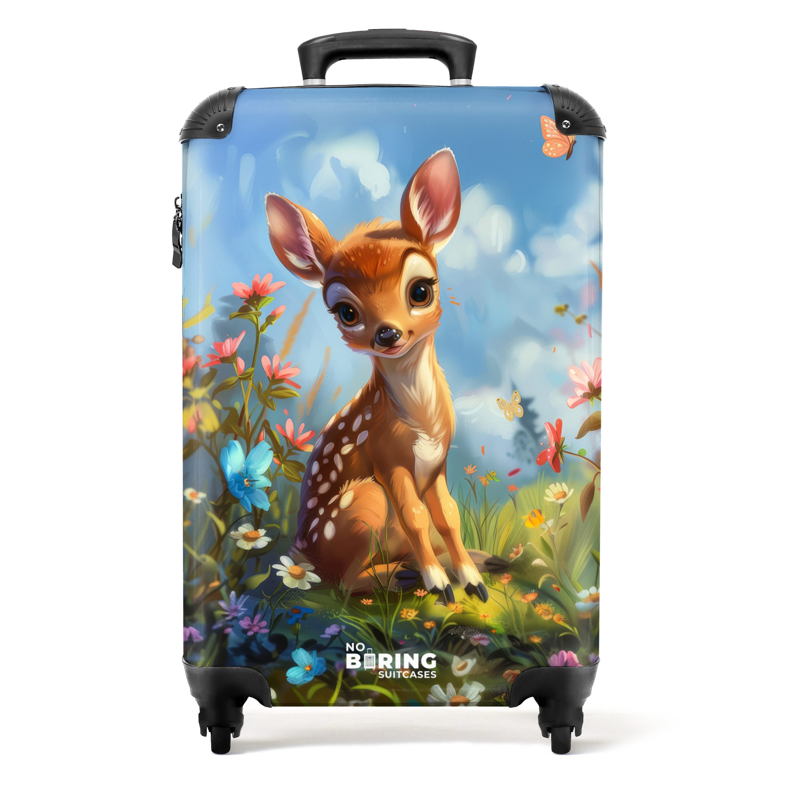 NoBoringSuitcases.com© Kinderkoffer Junges Reh sitzt inmitten von Blumen und Schmetterlingen 55x35x20cm, 4 Rollen, Kinder Koffer Klein, Trolley Handgepäck
