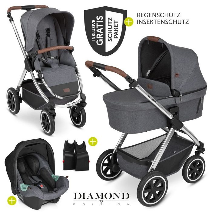 ABC Design Kombi-Kinderwagen Samba - Diamond Edition - Asphalt (9-tlg) 3in1 Kinderwagen Buggy Set mit Babywanne Babyschale Tulip Regenschutz & Zubehör Kollektion 2023