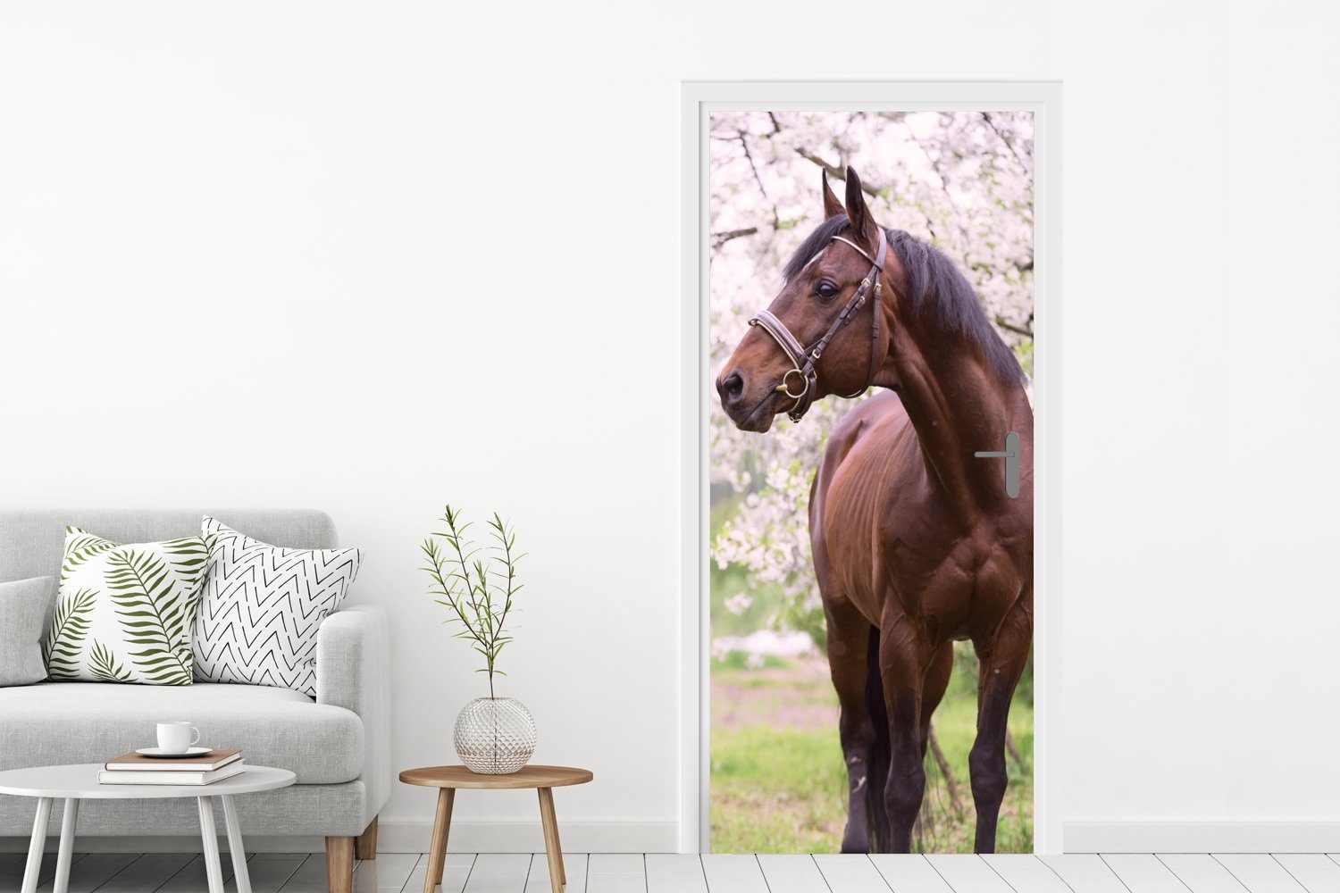 Fototapete bedruckt, - Sakura Pferd (1 cm für Tür, St), - Halfter, Türaufkleber, 75x205 MuchoWow Türtapete Matt,