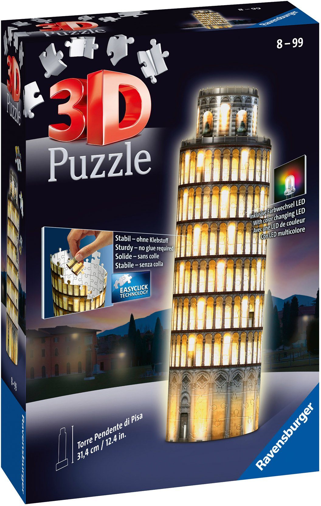 216 in - 3D-Puzzle Puzzleteile, LEDs; Europe, Farbwechsel bei - FSC® Wald von Ravensburger Nacht, mit Schiefer weltweit schützt Turm Pisa Made