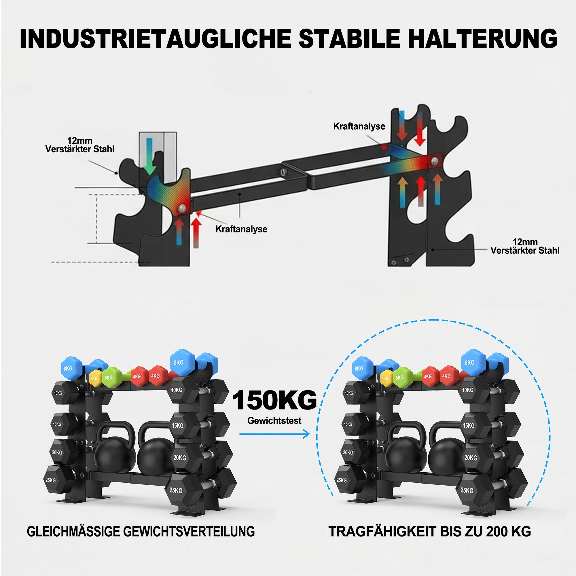 VOWVIT Kurzhantelstange 2-Ebenen-Hantelständer mit 10 größenangepassten Fächern, Stahl, (1-tlg), 3-in-1-Hantelständer 12mm Stahl, Tragfähigkeit 200KG