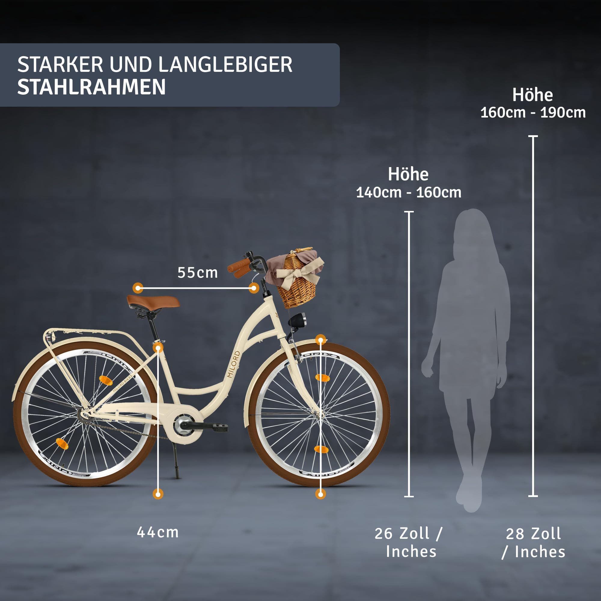 Milord Cityrad Fahrrad Weidenkorb Damenfahrrad 28 Zoll, 1 Gang, (Fahrradständer, Gepäckträger, Klingel, Korb, Kotflügel), Beige-Braun 1-Gang