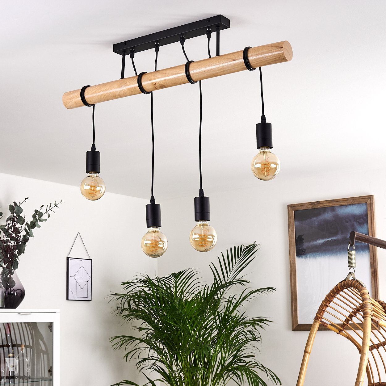 Deckenlampe in Holz, sind Vintage Leuchtmittel, Deckenleuchte hofstein aus E27, schwarz ohne Leuchtenköpfe und »Campo« Metall einstellbar