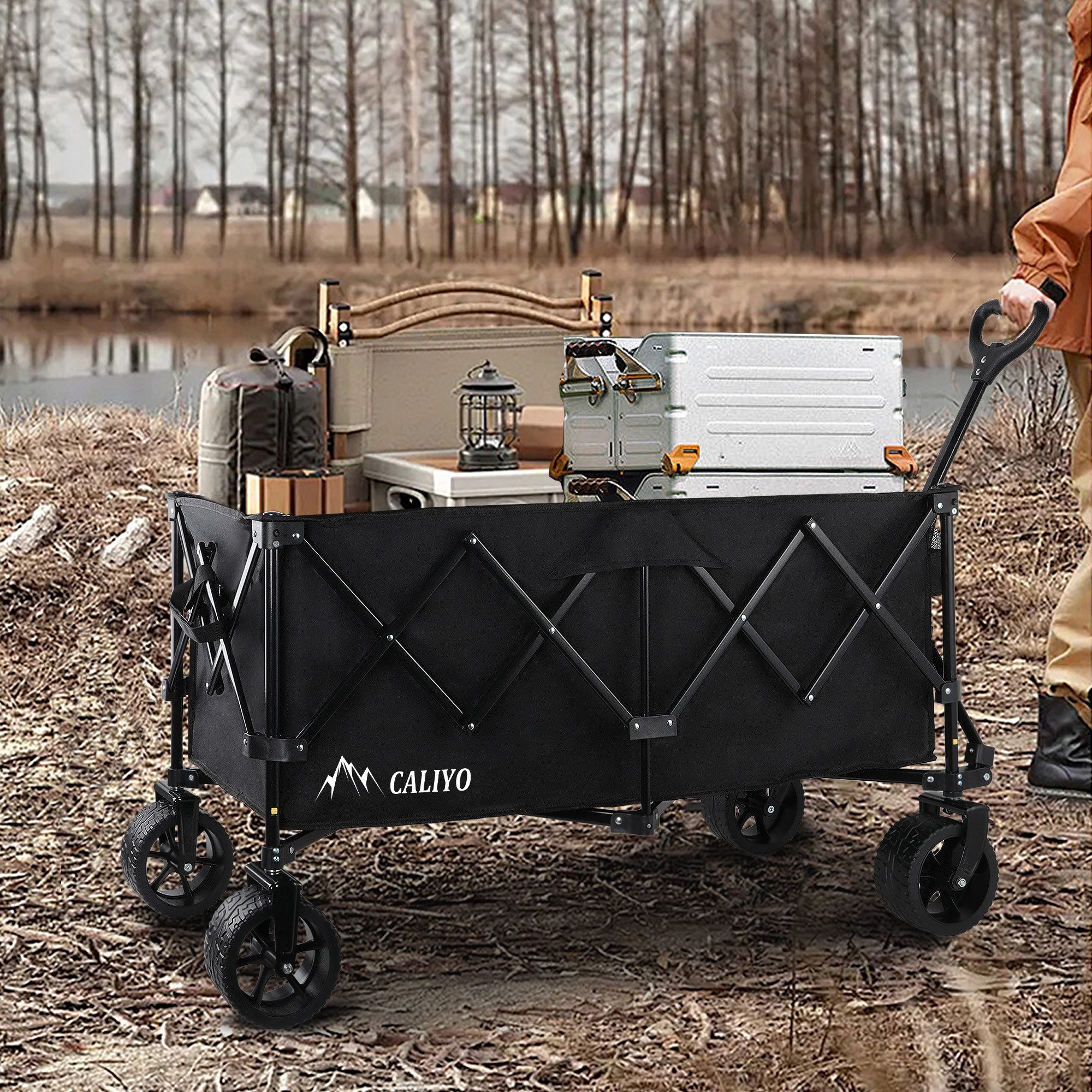 CALIYO Bollerwagen 250L 150KG mit EIN-klick-Handgriff 4-seitig zusammenfaltbar, Mit All-Terrain-Rädern und Bremse sicher verstaubar und stabil – Bild 2 von 5