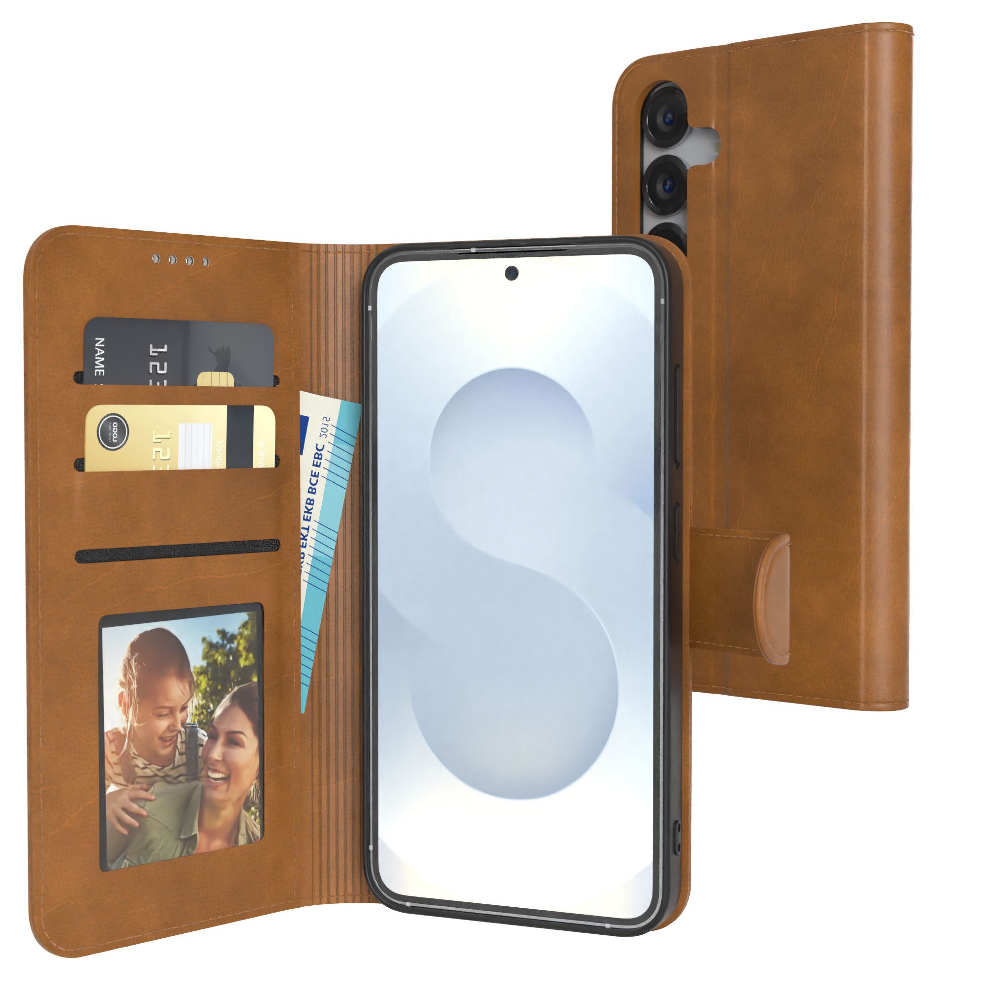 EAZY CASE Handyhülle Business Handytasche Samsung Galaxy S25 6,2 Zoll, Flipcase mit Sichtfenster für Foto Klapp Hülle Kartenetui Hellbraun