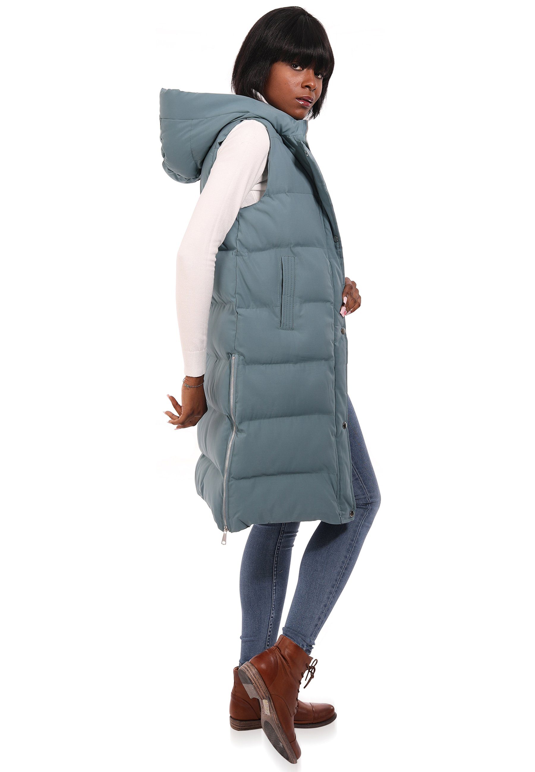 YC Fashion & Style Longweste Steppweste mit Kapuze in sportivem Look (Kein Set, 1 -tlg) in Unifarbe
