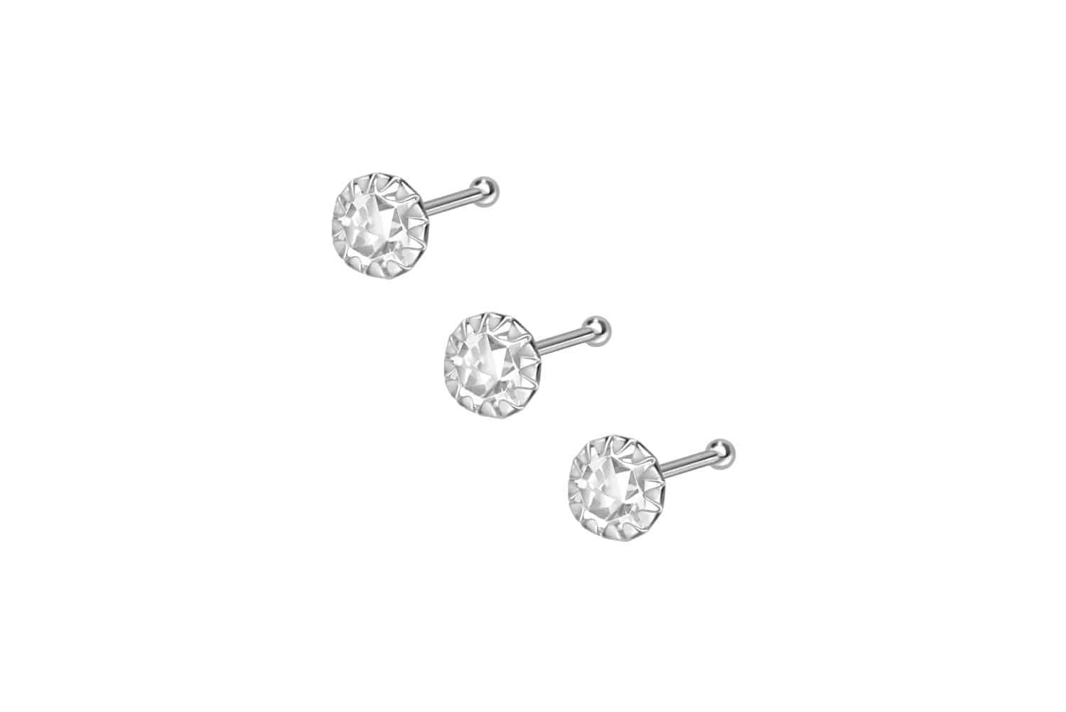 PIERCINGLINE Nasenpiercing SET 925er Silber Nasenstecker Pin EINGEFASSTER KRISTALL (Nasenstecker, 3er SET1 = Kristallklar)